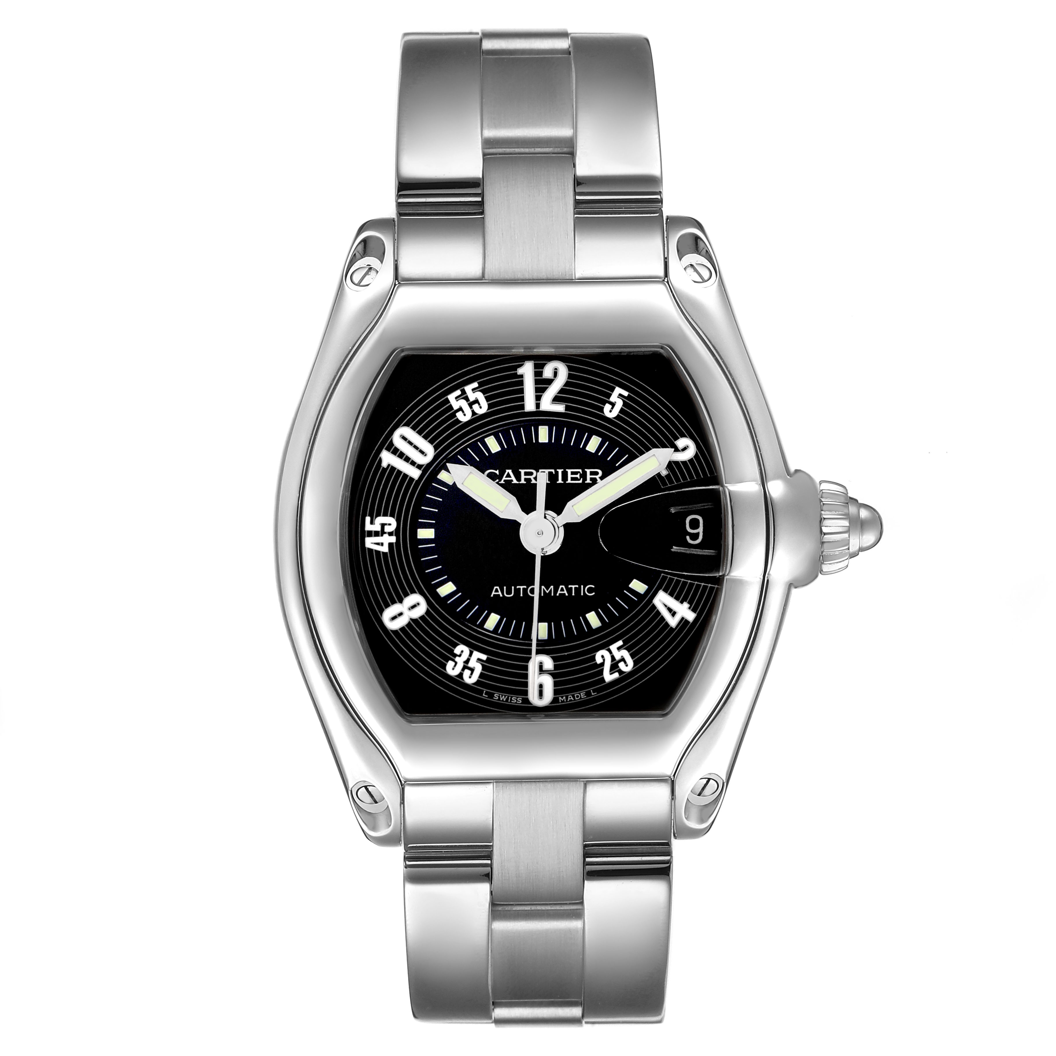 The Cartier Roadster W62004V3 Men's Stainless Steel Black Dial watch is shown from a front, top-down angle displaying its face, dial, and stainless steel bracelet.