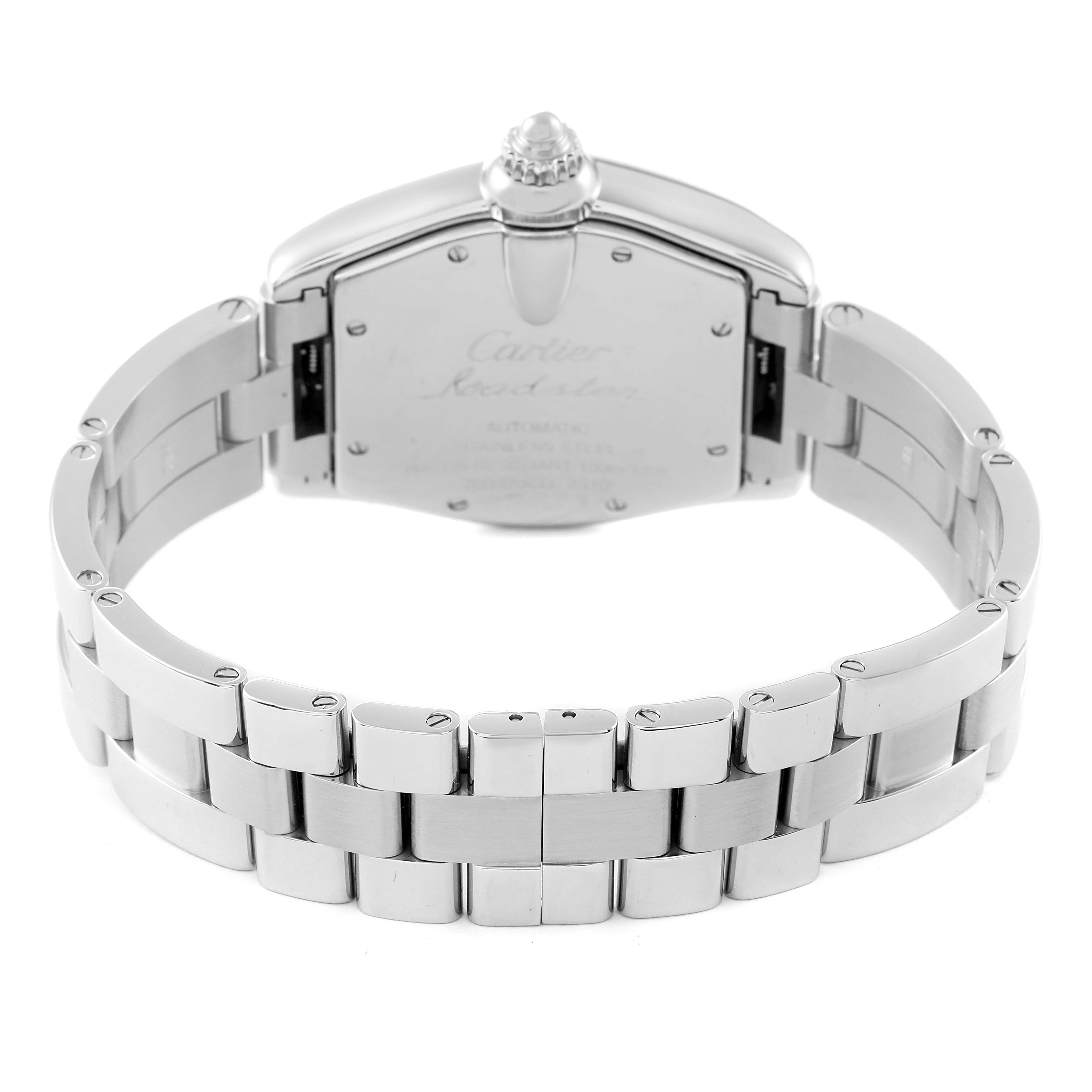 This image shows the back case and bracelet of a Cartier Roadster W62000V3 Men
s Stainless Steel Silver Dial W62000V3 Men
s Stainless Steel Silver Dial watch from a rear angle.