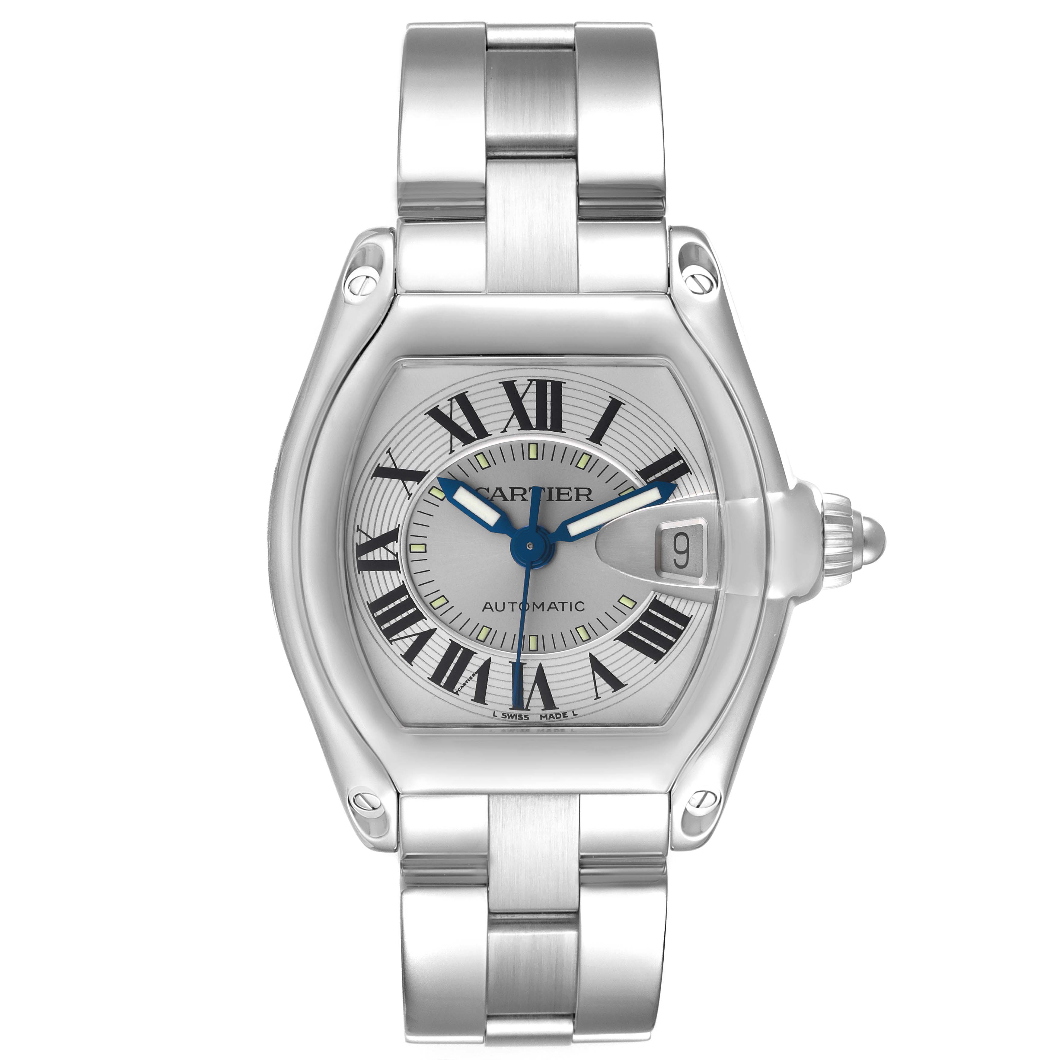 The image shows a front view of the Cartier Roadster W62000V3 Men
s Stainless Steel Silver Dial W62000V3 Men
s Stainless Steel Silver Dial watch, including the dial, bracelet, and date window.