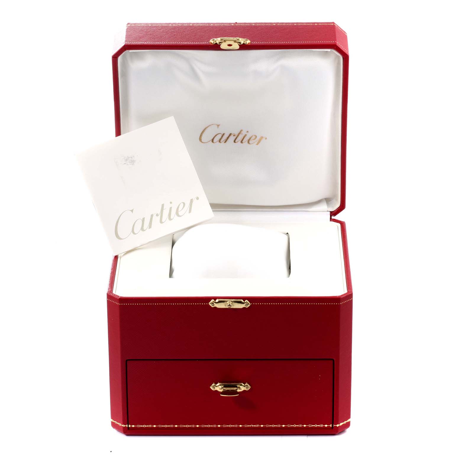 The image shows an open red Cartier box for the Roadster model, with a pillow and a booklet inside.