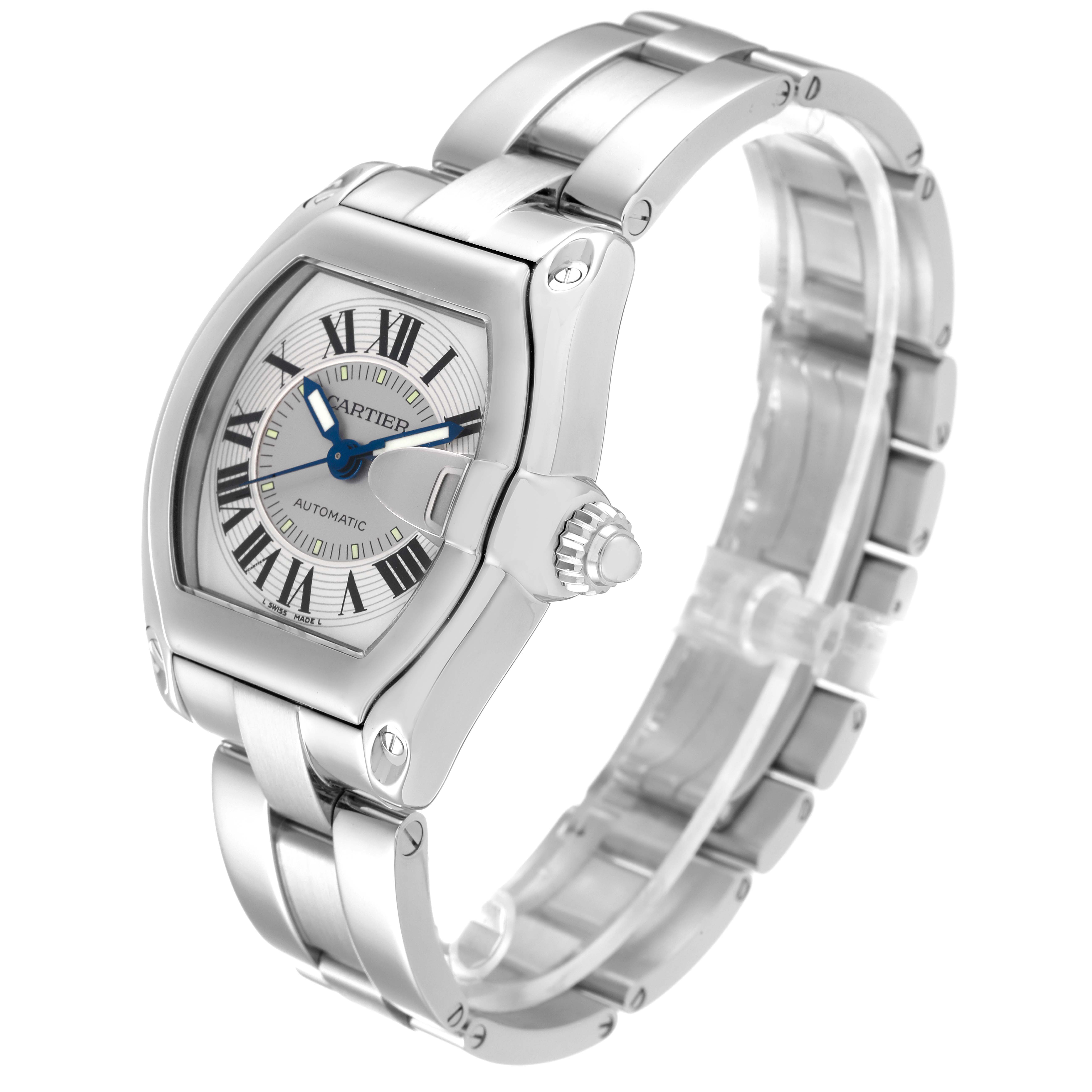 The image shows a Cartier Roadster W62000V3 Men
s Stainless Steel Silver Dial W62000V3 Men
s Stainless Steel Silver Dial watch at a three-quarter angle, highlighting the face, bezel, and bracelet.