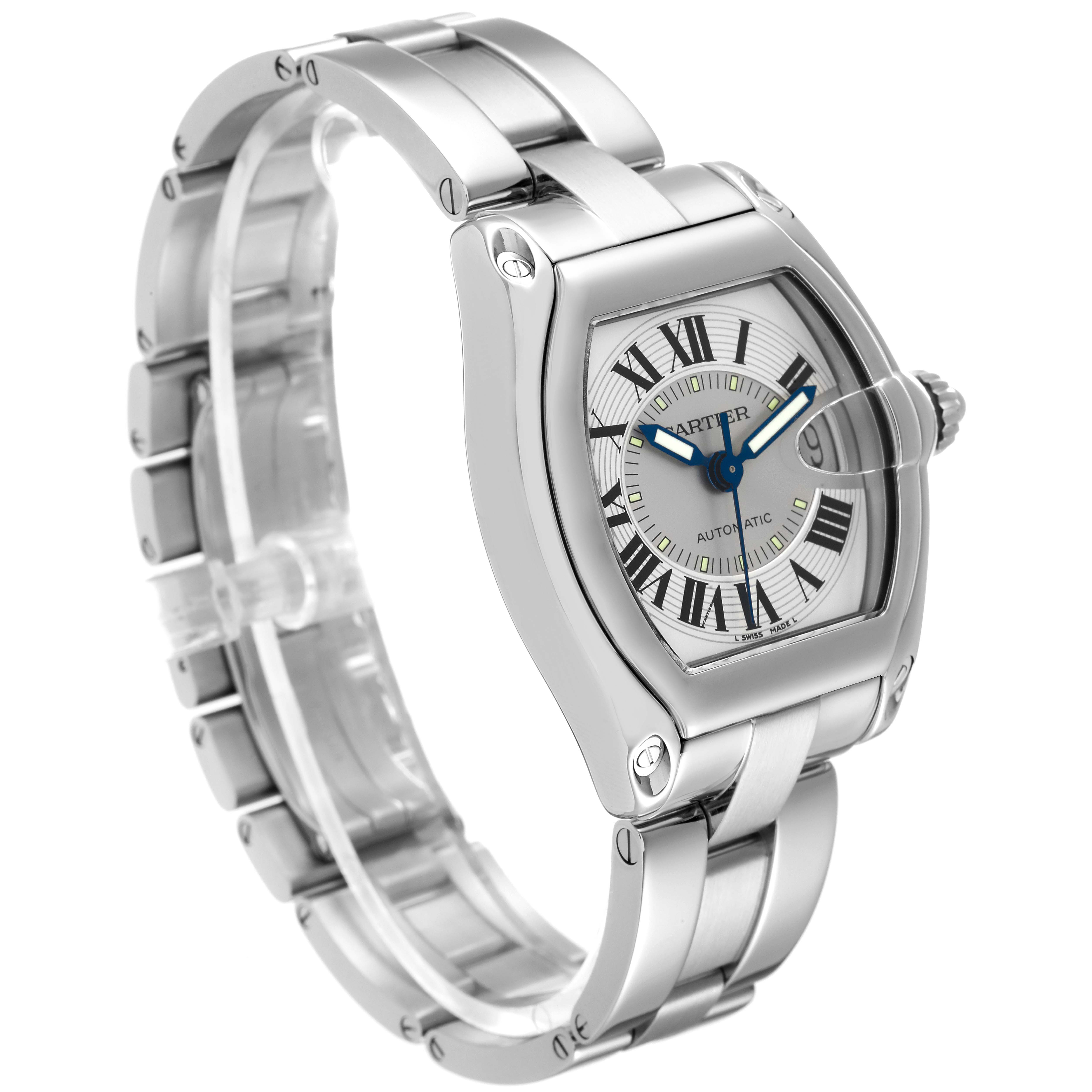 This Cartier Roadster W62000V3 Men
s Stainless Steel Silver Dial W62000V3 Men
s Stainless Steel Silver Dial watch is shown at a slight angle, highlighting the face, bezel, and part of the bracelet.