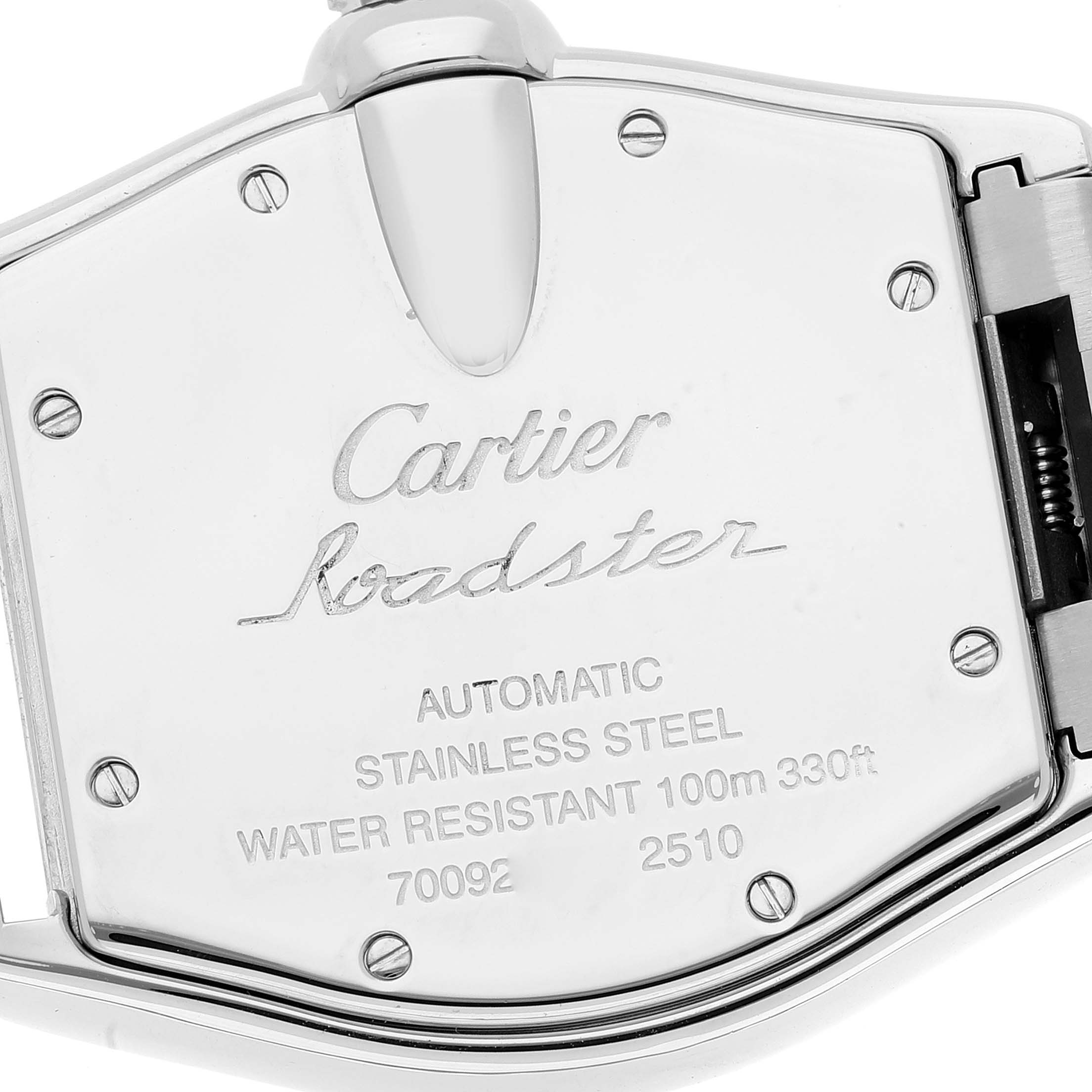 The image shows a close-up of the back case of the Cartier Roadster W62000V3 Men
s Stainless Steel Silver Dial W62000V3 Men
s Stainless Steel Silver Dial watch with engraved details.