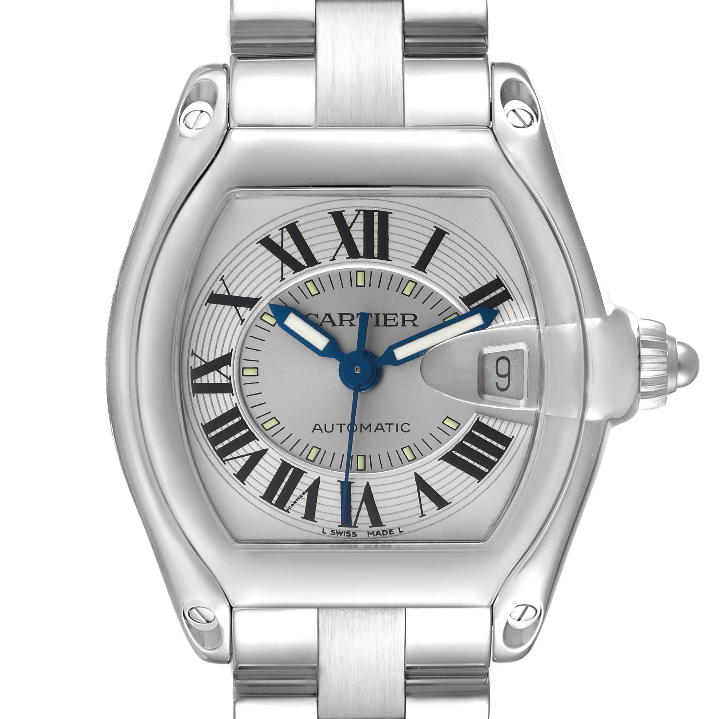 The Cartier Roadster W62000V3 Men
s Stainless Steel Silver Dial W62000V3 Men
s Stainless Steel Silver Dial watch is shown from a front angle, highlighting the dial, hands, date window, and part of the bracelet.