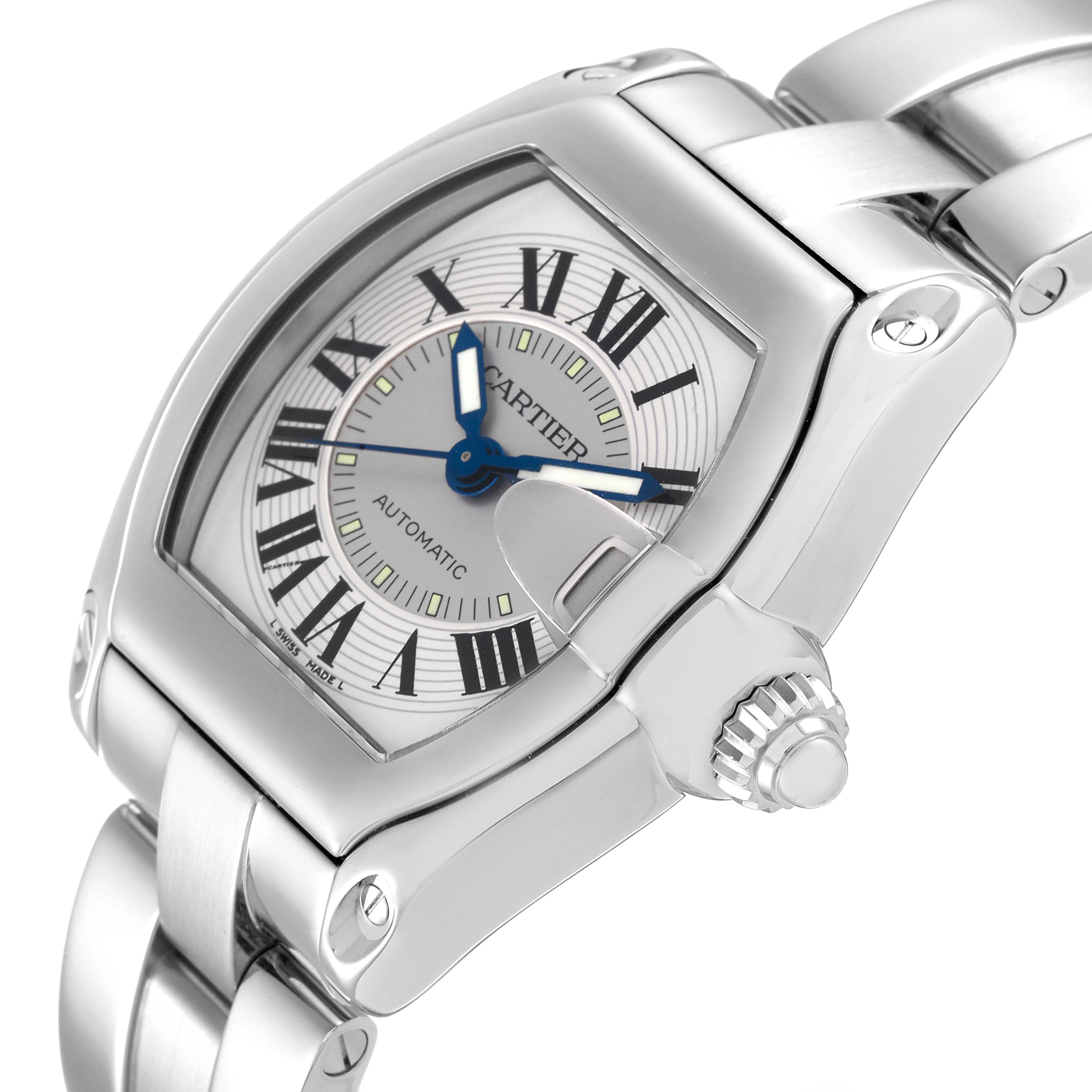 The Cartier Roadster W62000V3 Men
s Stainless Steel Silver Dial W62000V3 Men
s Stainless Steel Silver Dial watch is shown from a three-quarter angle, highlighting the face, crown, and part of the bracelet.