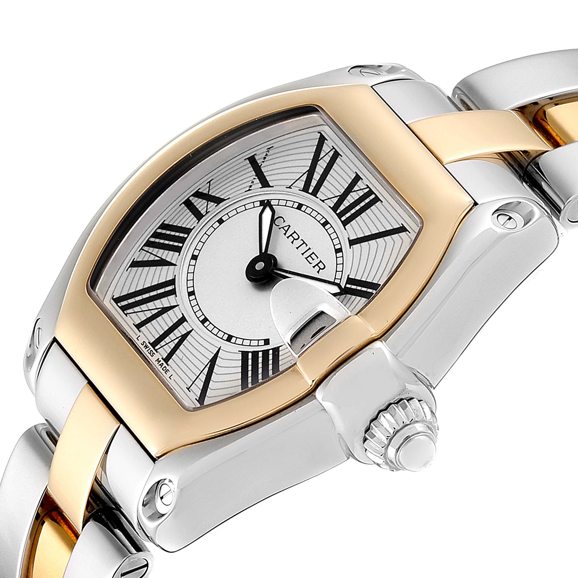 This image shows the dial, bezel, and part of the bracelet of the Cartier Roadster W62026Y4 Women's Steel and Gold (two tone) Silver Dial W62026Y4 Women's Steel and Gold (two tone) Silver Dial watch at an angled close-up view.