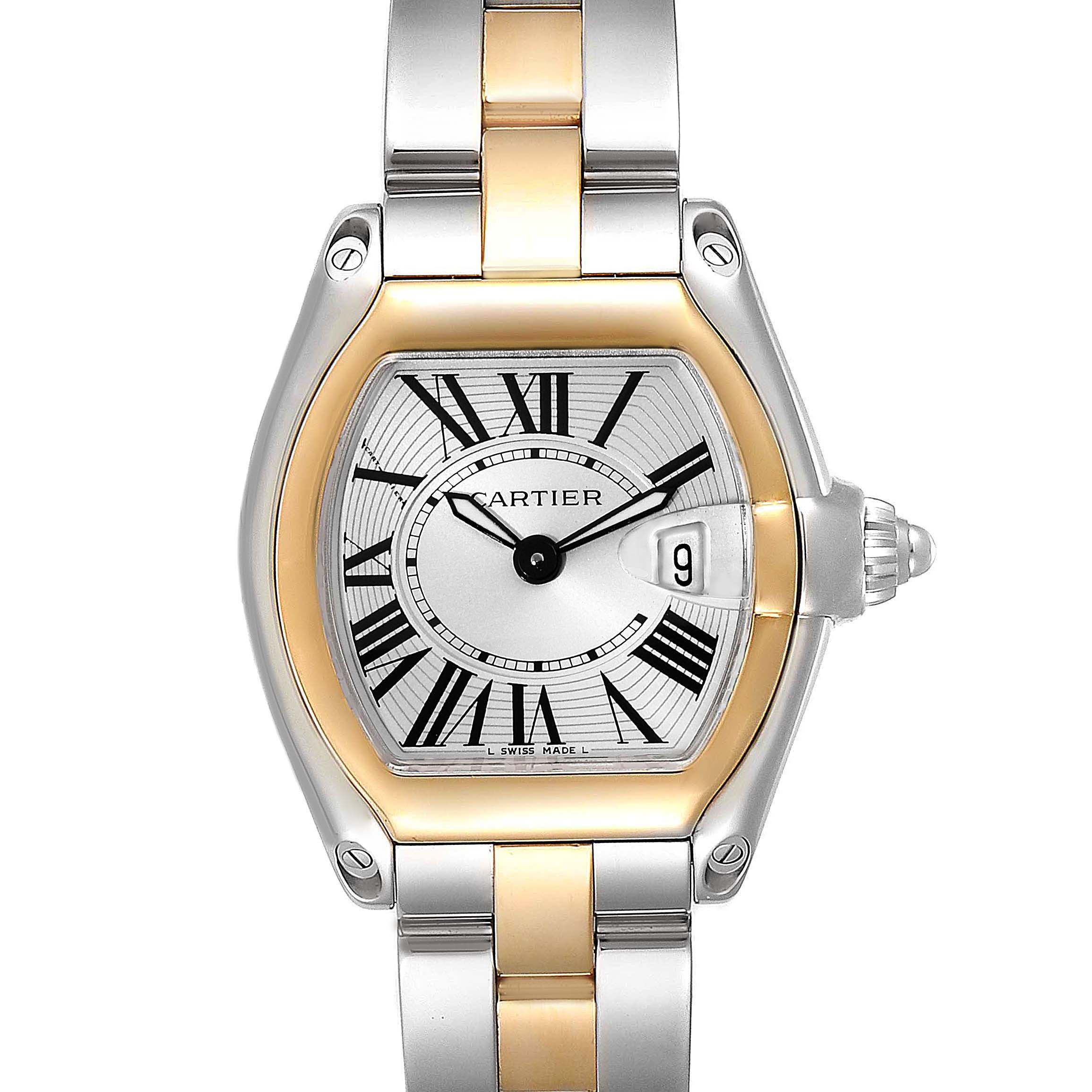 The image shows a front view of a Cartier Roadster W62026Y4 Women's Steel and Gold (two tone) Silver Dial W62026Y4 Women's Steel and Gold (two tone) Silver Dial watch, highlighting its dial, bezel, and bracelet.