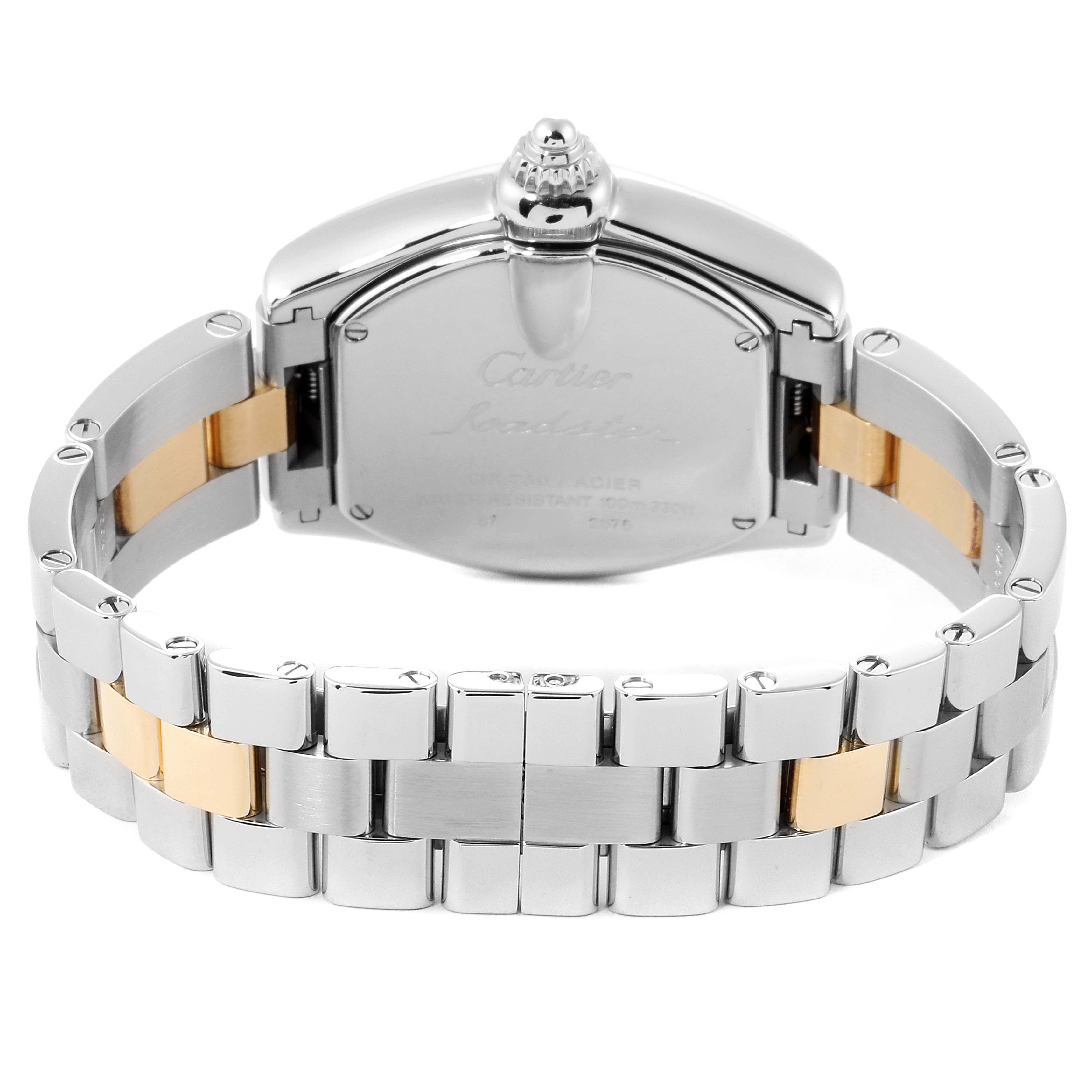 This image shows the back of the Cartier Roadster W62026Y4 Women's Steel and Gold (two tone) Silver Dial W62026Y4 Women's Steel and Gold (two tone) Silver Dial watch, focusing on its case and two-tone metal bracelet.