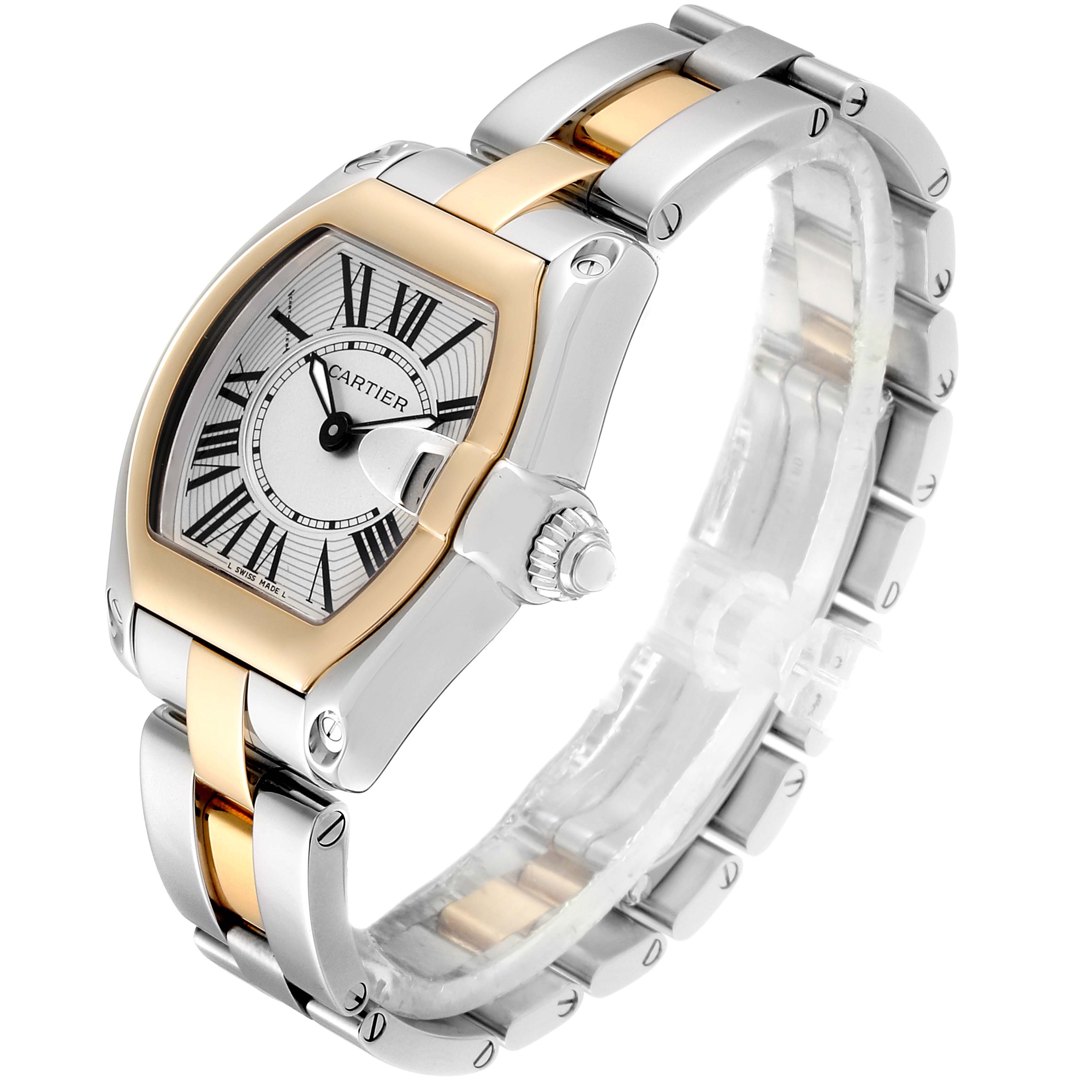 The Cartier Roadster W62026Y4 Women's Steel and Gold (two tone) Silver Dial W62026Y4 Women's Steel and Gold (two tone) Silver Dial watch is shown at a three-quarter angle, displaying the face, crown, and metal bracelet.