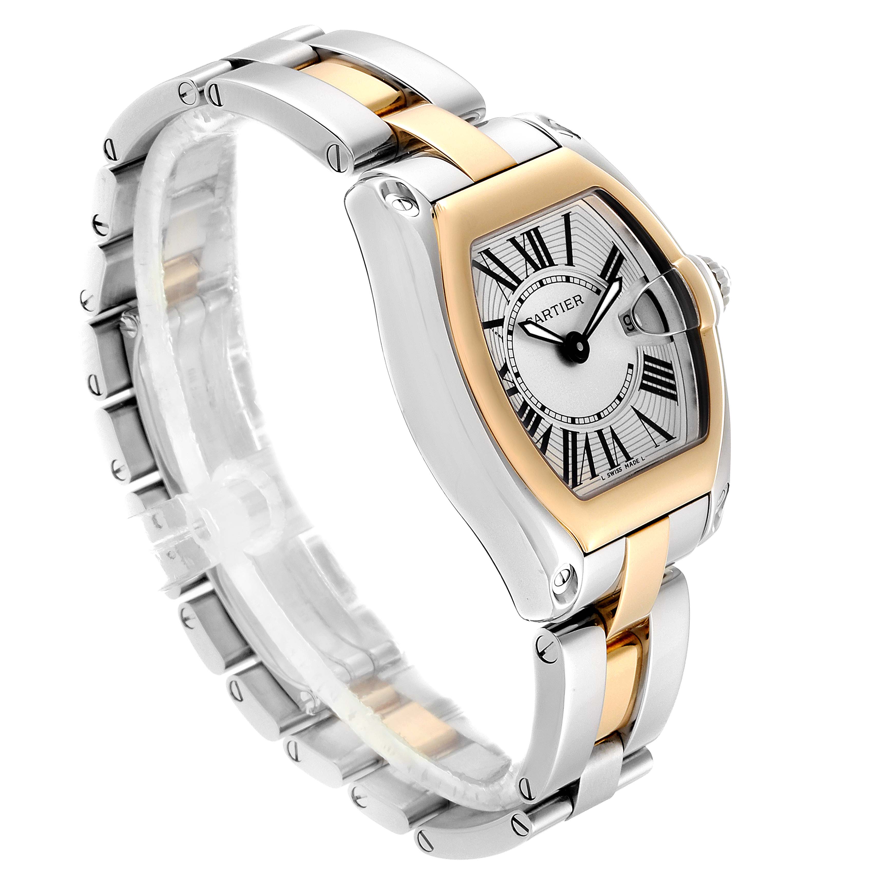 The Cartier Roadster W62026Y4 Women's Steel and Gold (two tone) Silver Dial W62026Y4 Women's Steel and Gold (two tone) Silver Dial watch is shown at an oblique angle, displaying the face, case, and metal bracelet.