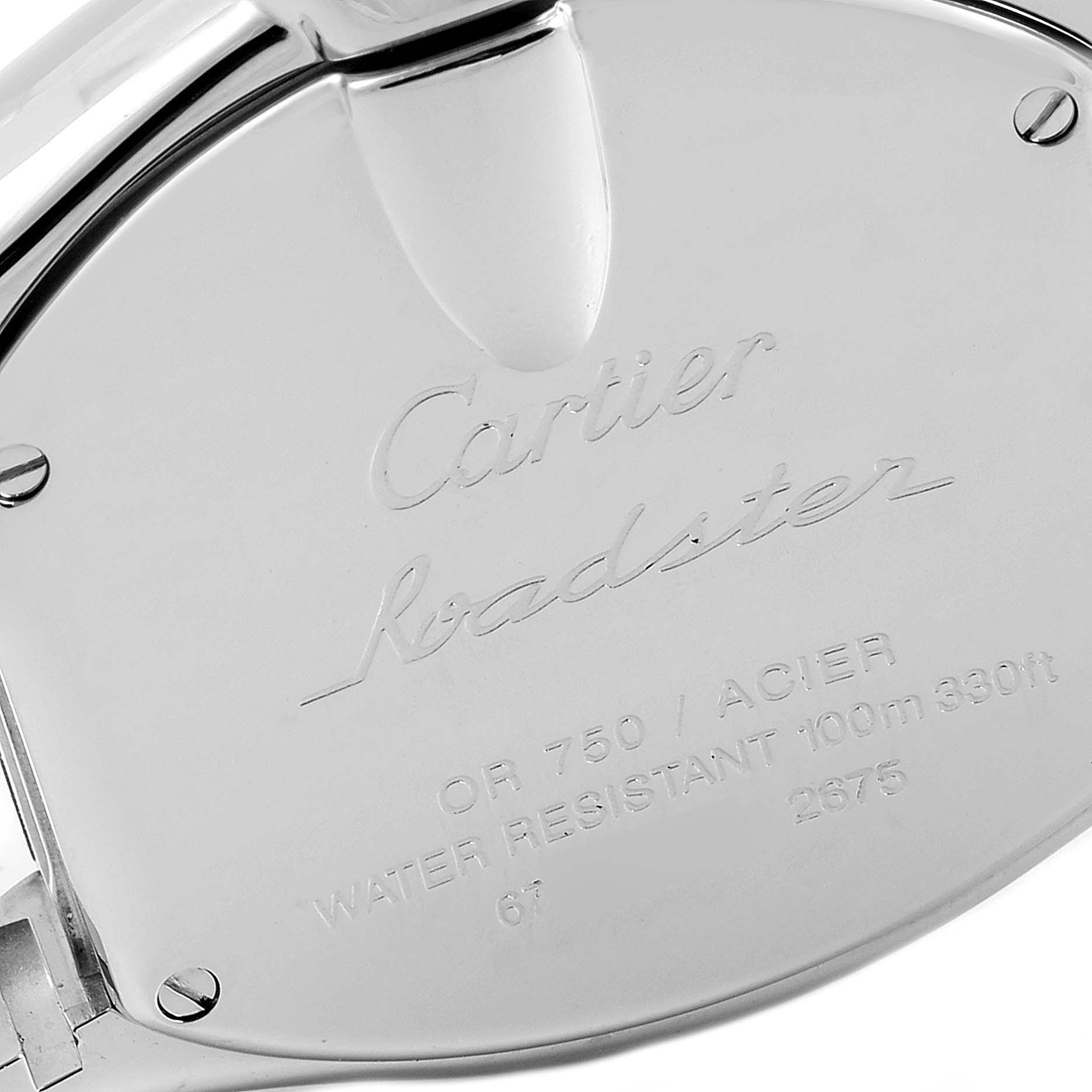 This image shows the backside of a Cartier Roadster W62026Y4 Women's Steel and Gold (two tone) Silver Dial W62026Y4 Women's Steel and Gold (two tone) Silver Dial watch, displaying engravings with model details.