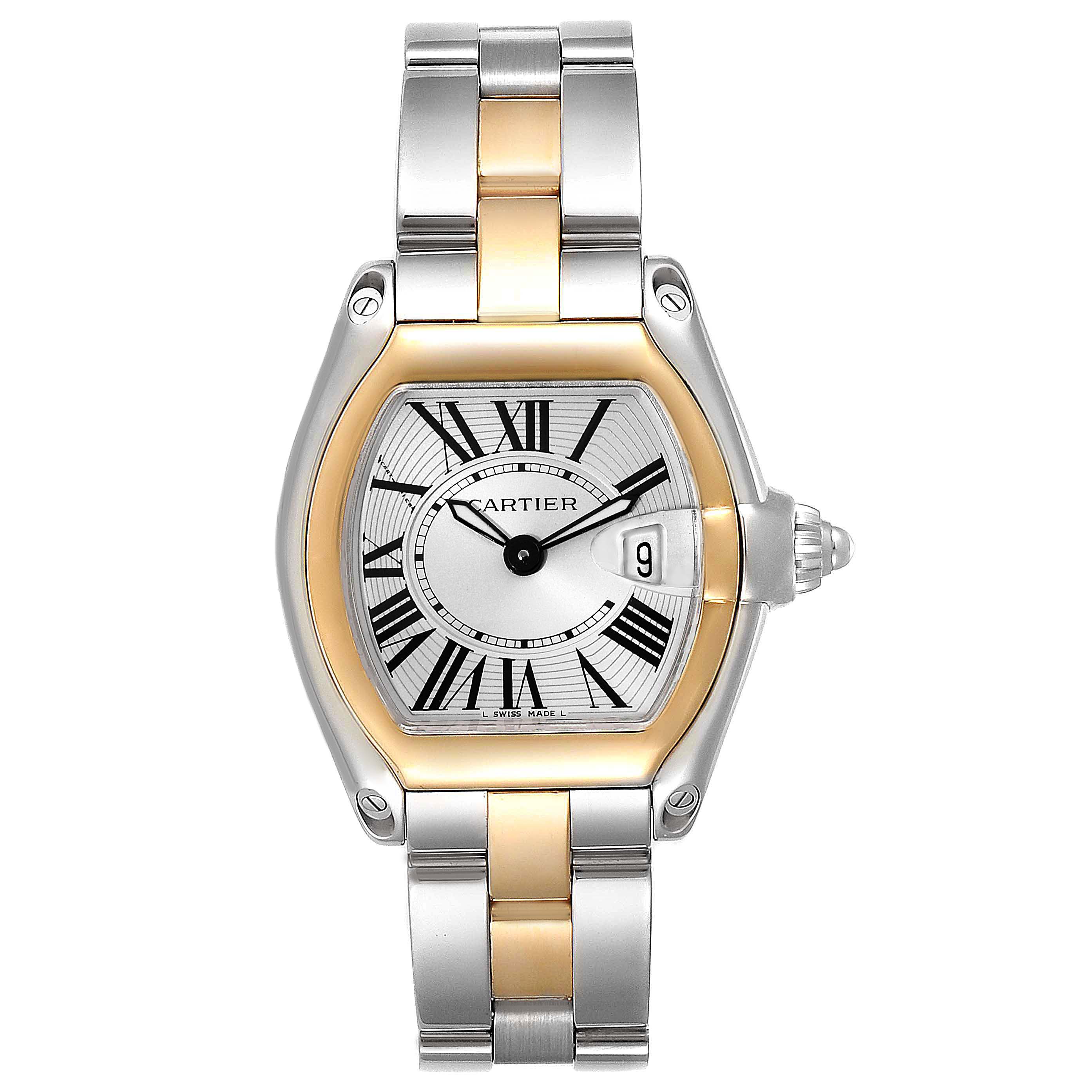 The Cartier Roadster W62026Y4 Women's Steel and Gold (two tone) Silver Dial W62026Y4 Women's Steel and Gold (two tone) Silver Dial model watch is shown from a front angle, displaying its dial, bracelet, and date indicator.