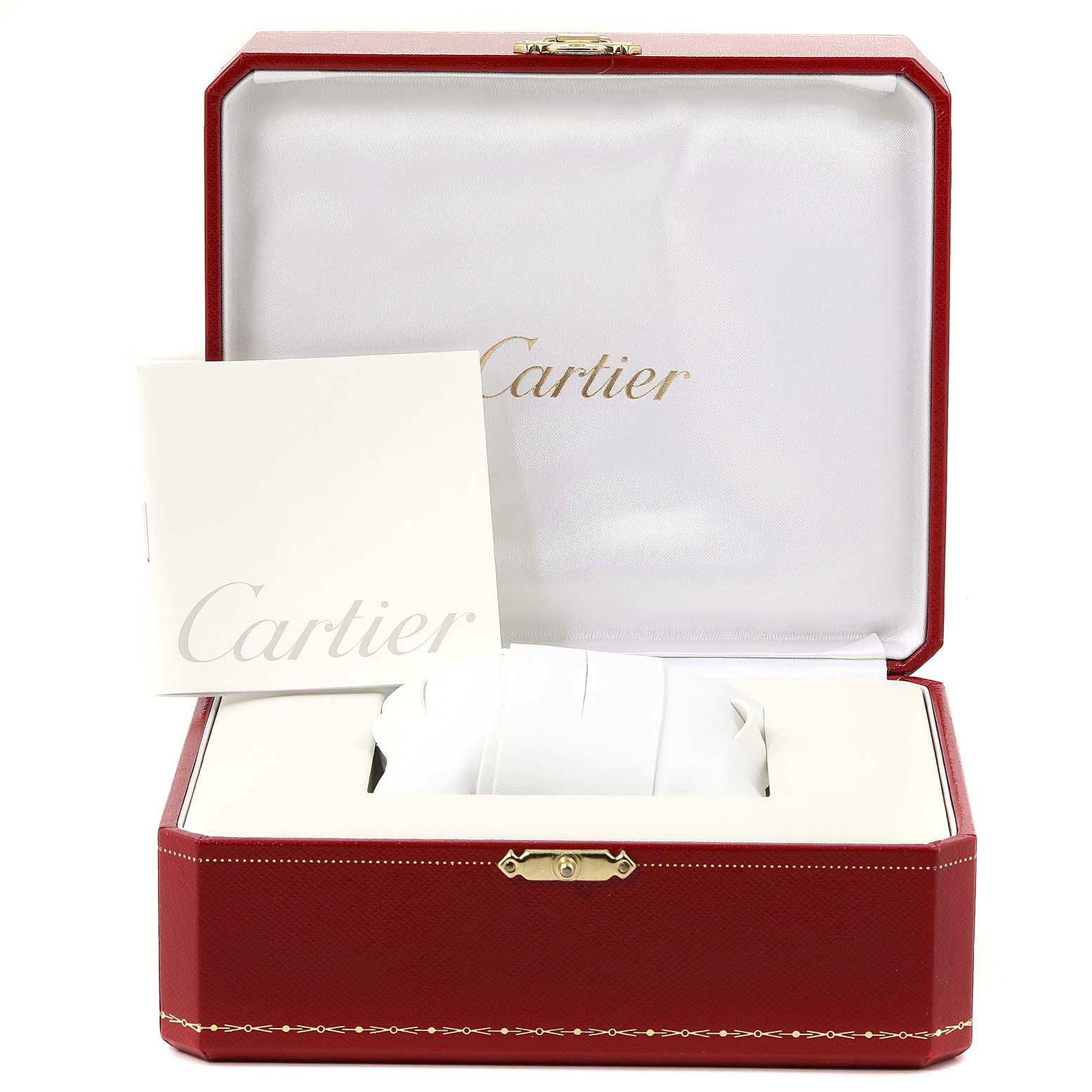 The image shows the packaging of the Cartier Roadster W62026Y4 Women's Steel and Gold (two tone) Silver Dial W62026Y4 Women's Steel and Gold (two tone) Silver Dial model watch, including an open red box with padded interior and documentation.