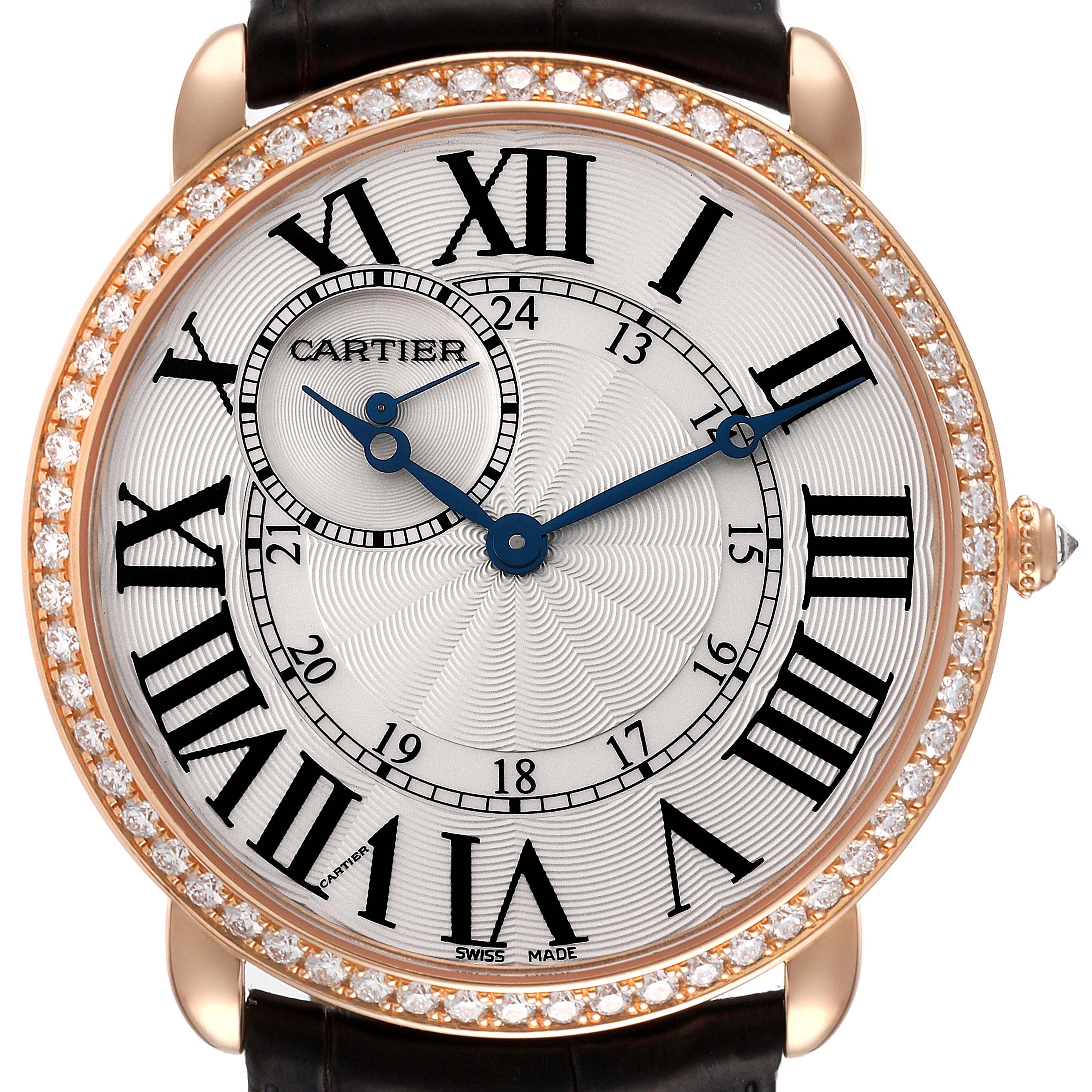 This is a close-up shot of the Cartier Ronde WR007001 Men's Rose Gold Silver Dial WR007001 Men's Rose Gold Silver Dial model watch face, showcasing its Roman numerals and diamond-studded bezel.