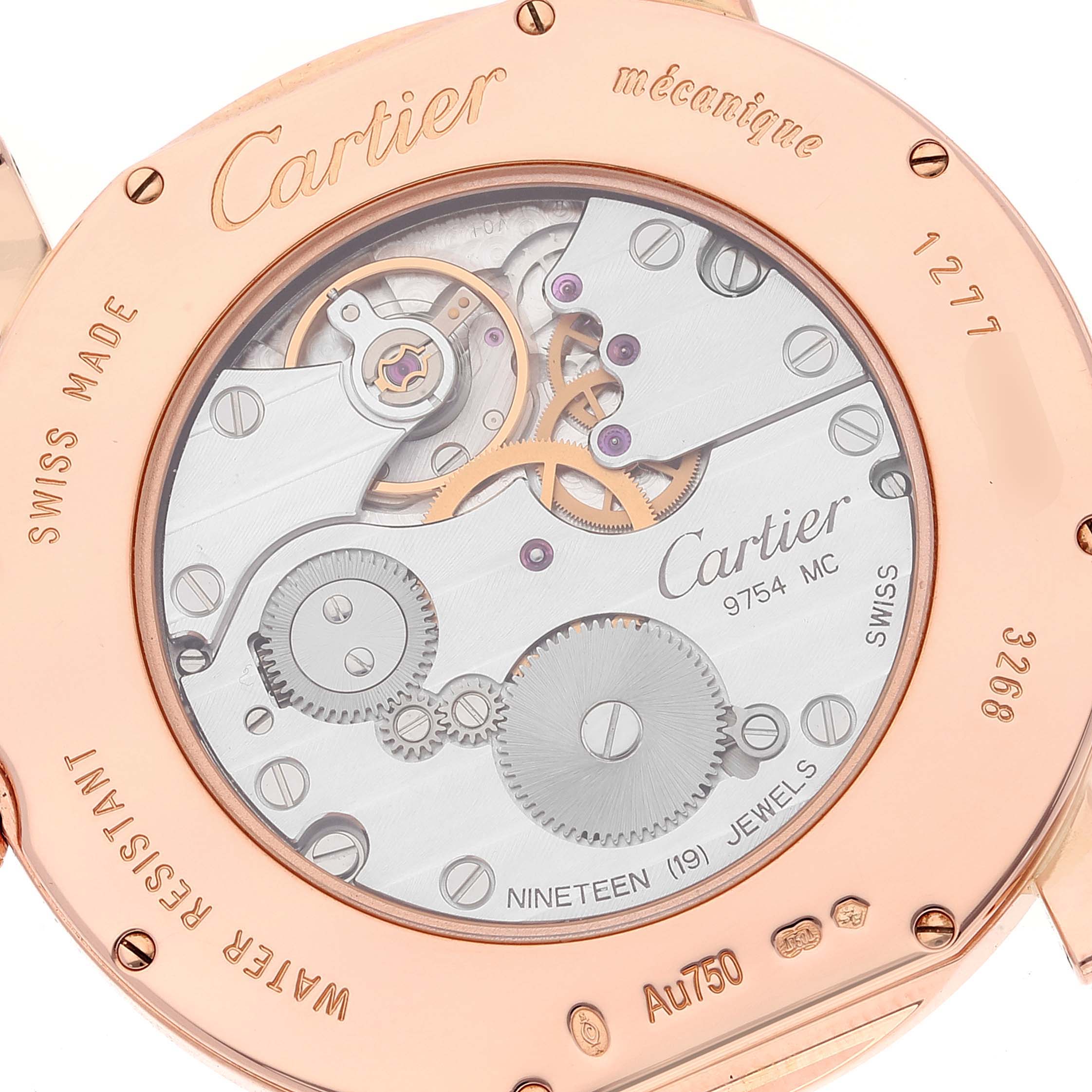 The image shows the back of a Cartier Ronde WR007001 Men's Rose Gold Silver Dial WR007001 Men's Rose Gold Silver Dial watch, revealing its intricate mechanical movement and internal components.