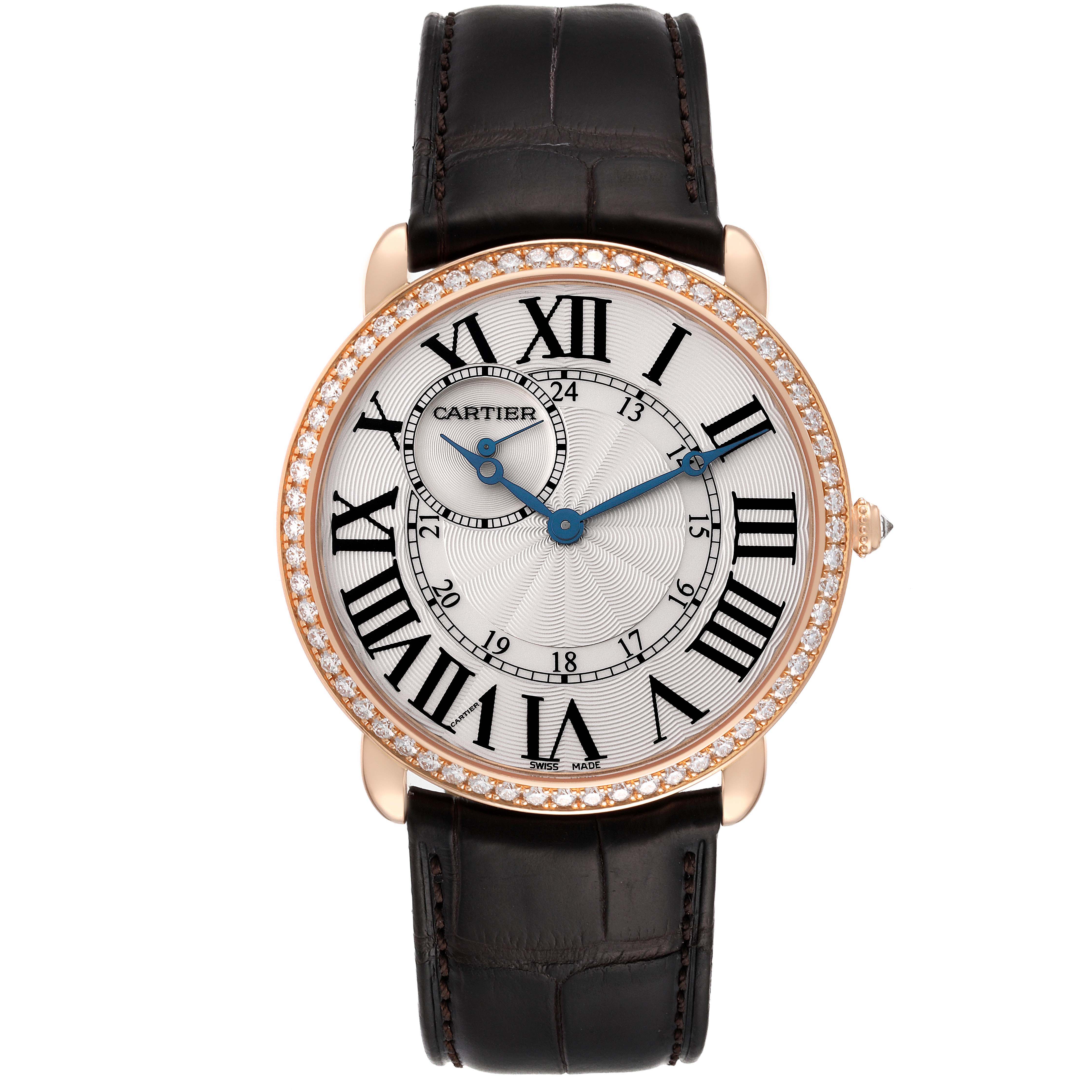 The Cartier Ronde WR007001 Men's Rose Gold Silver Dial watch is shown from a front angle, displaying its face, bezel, and leather strap.
