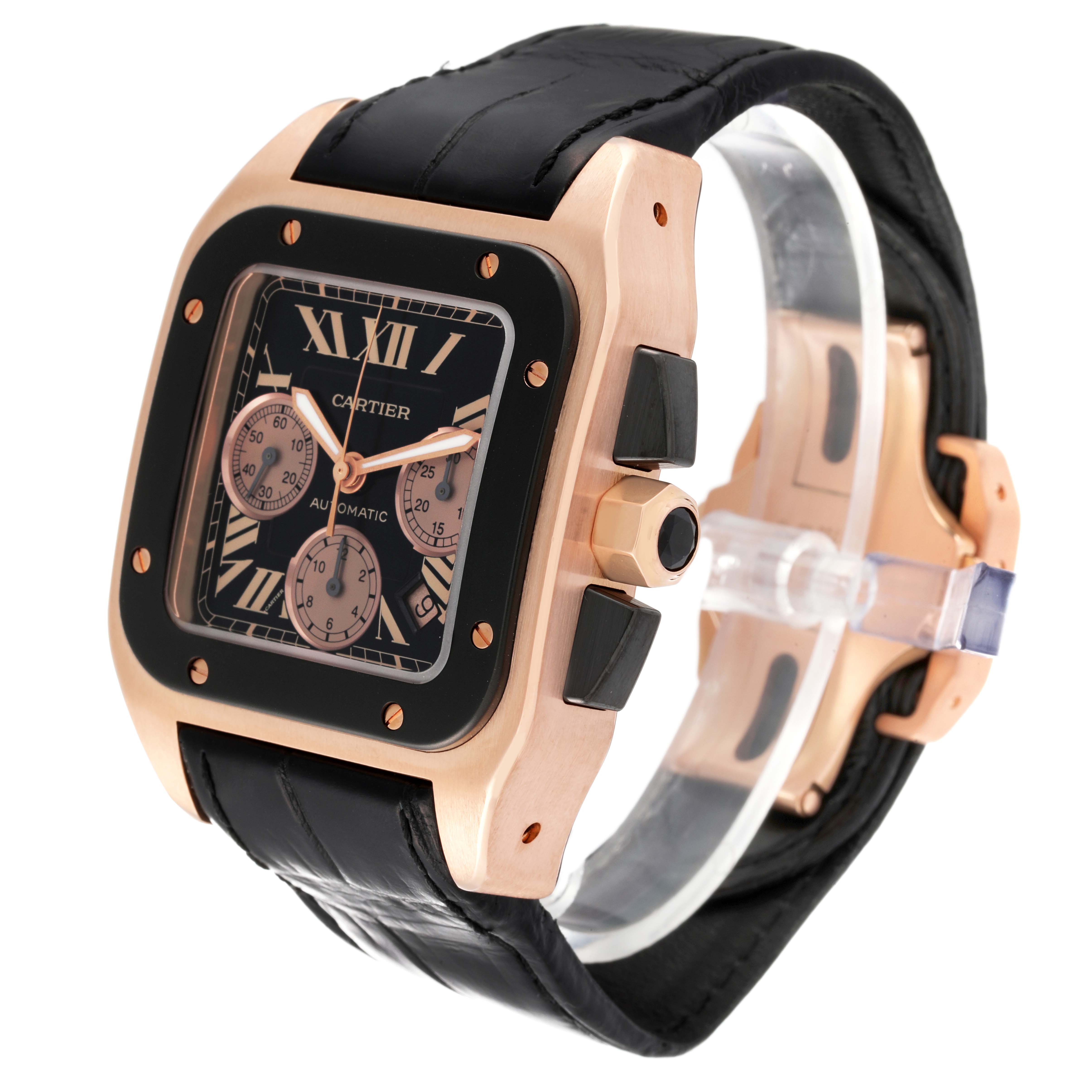 This image shows a side angle of the Cartier Santos W2020003 Men
s Rose Gold Black Dial W2020003 Men
s Rose Gold Black Dial watch, highlighting its face, crown, and leather strap.