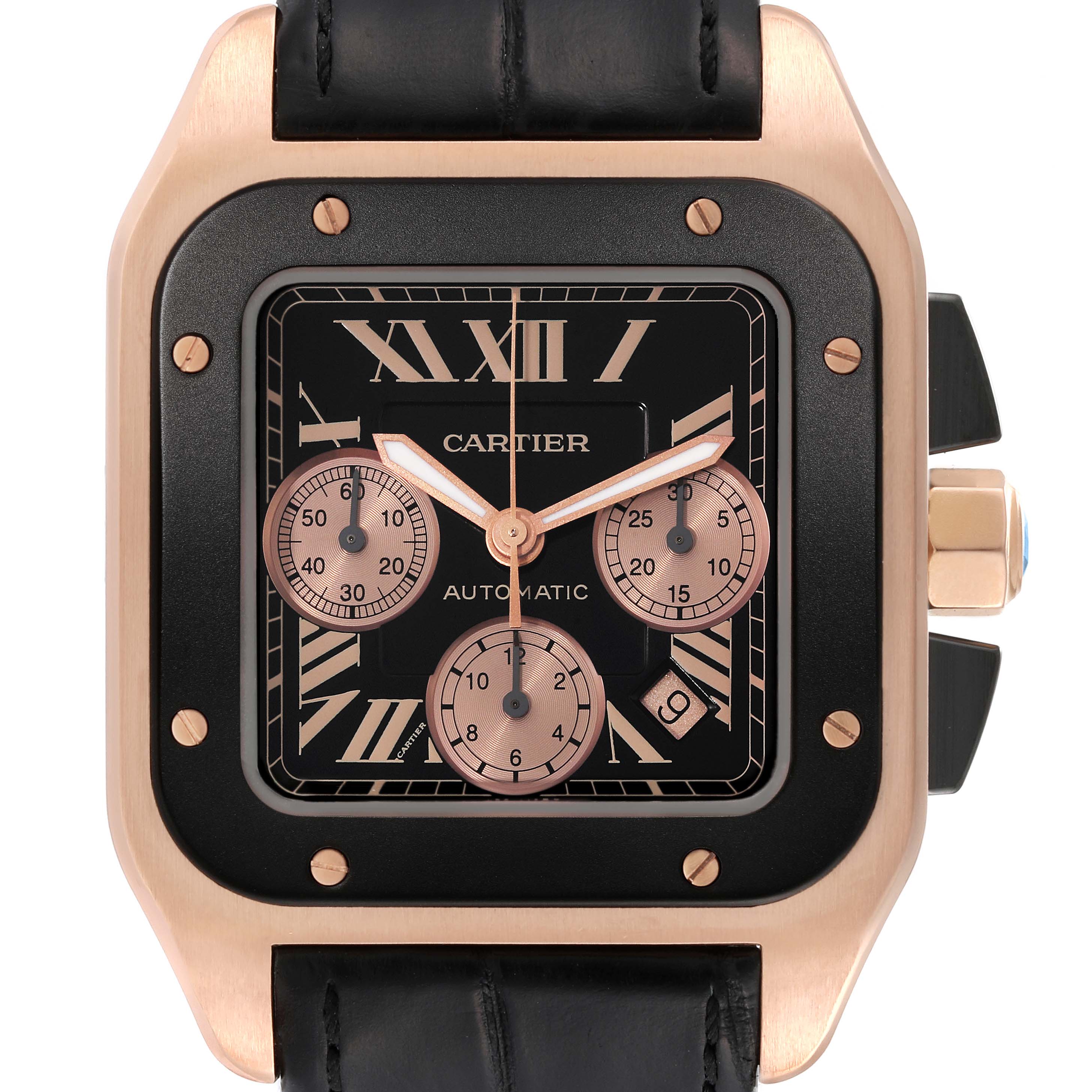 This image shows a close-up of the Cartier Santos W2020003 Men
s Rose Gold Black Dial W2020003 Men
s Rose Gold Black Dial watch face, highlighting its dial, subdials, and strap attachment.