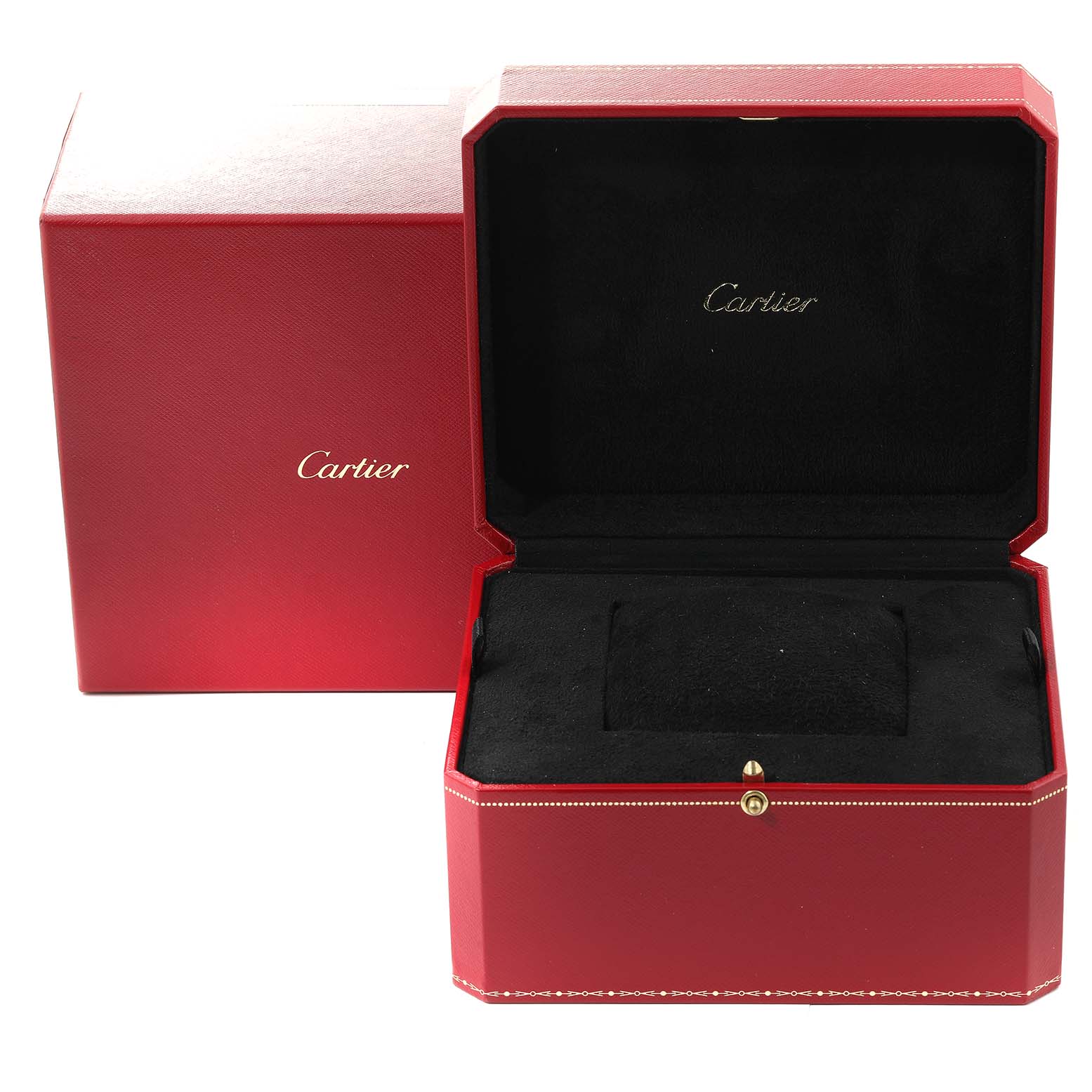 This image shows an open and closed red watch box for the Cartier Santos W2020003 Men
s Rose Gold Black Dial W2020003 Men
s Rose Gold Black Dial model.