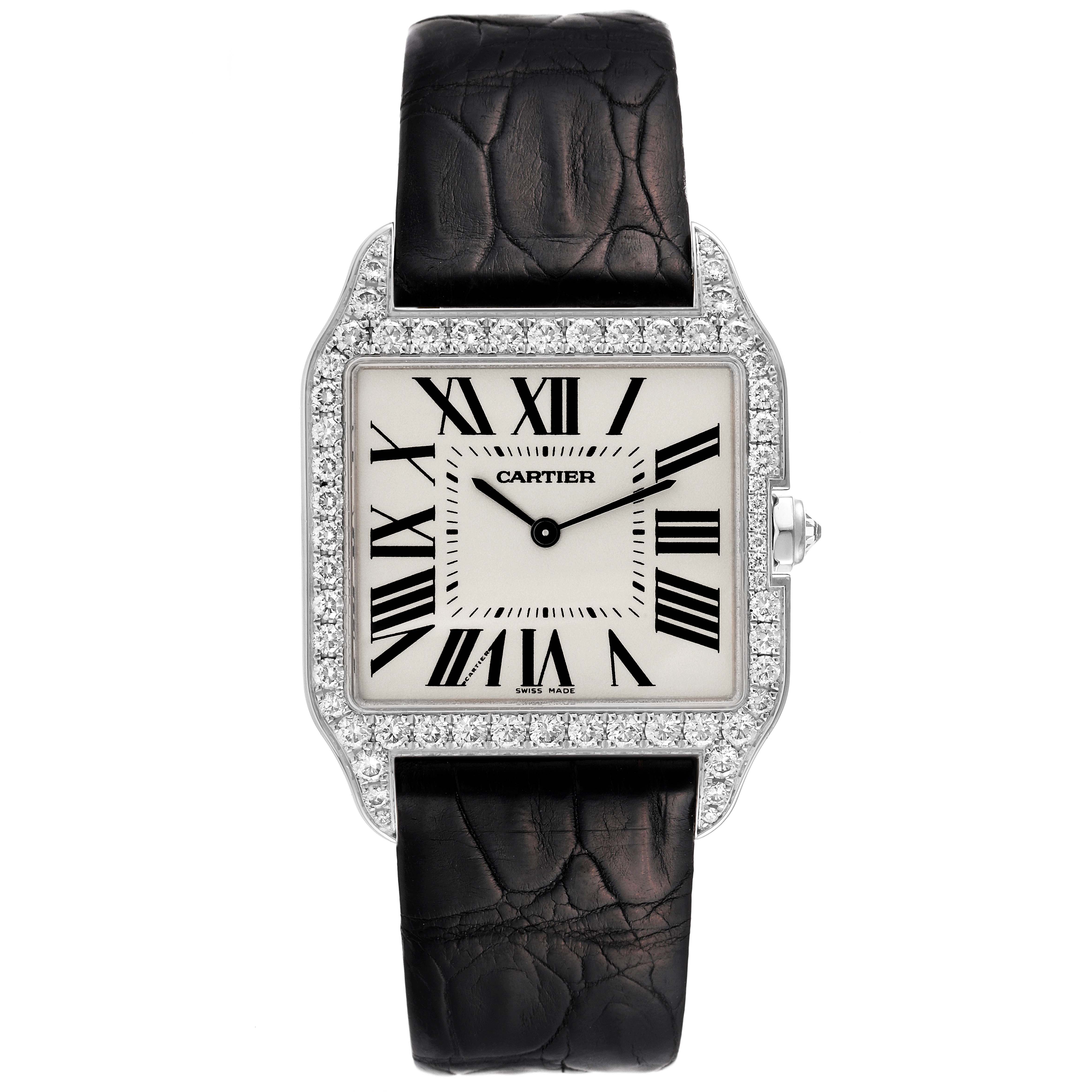 This image shows a front view of the Cartier Santos Dumont WH100651 Men's White Gold Silver Dial WH100651 Men's White Gold Silver Dial watch with a black leather strap and a diamond-encrusted bezel.