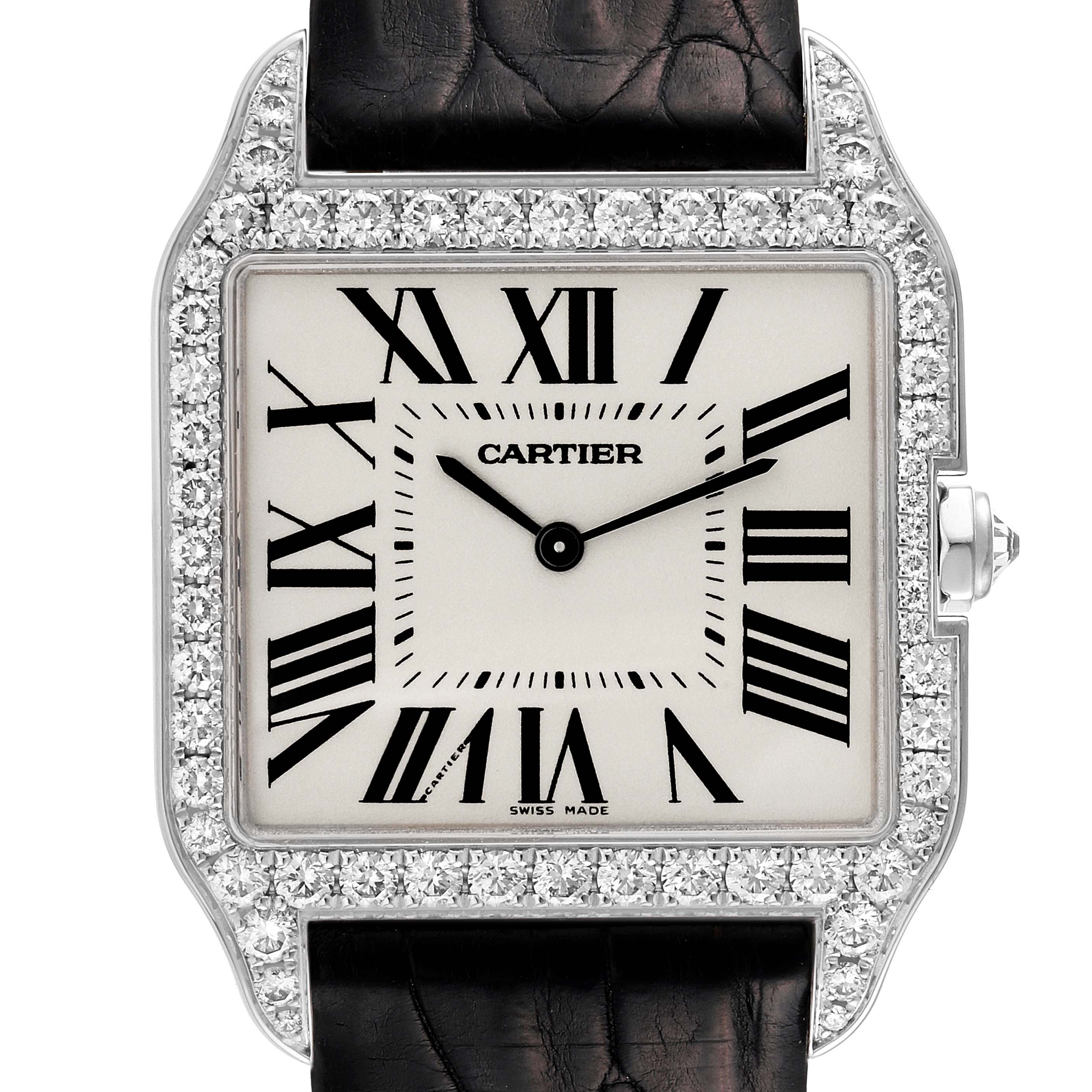 This is a front view of the Cartier Santos Dumont WH100651 Men's White Gold Silver Dial WH100651 Men's White Gold Silver Dial watch, showing its square face, Roman numerals, and diamond-encrusted bezel.