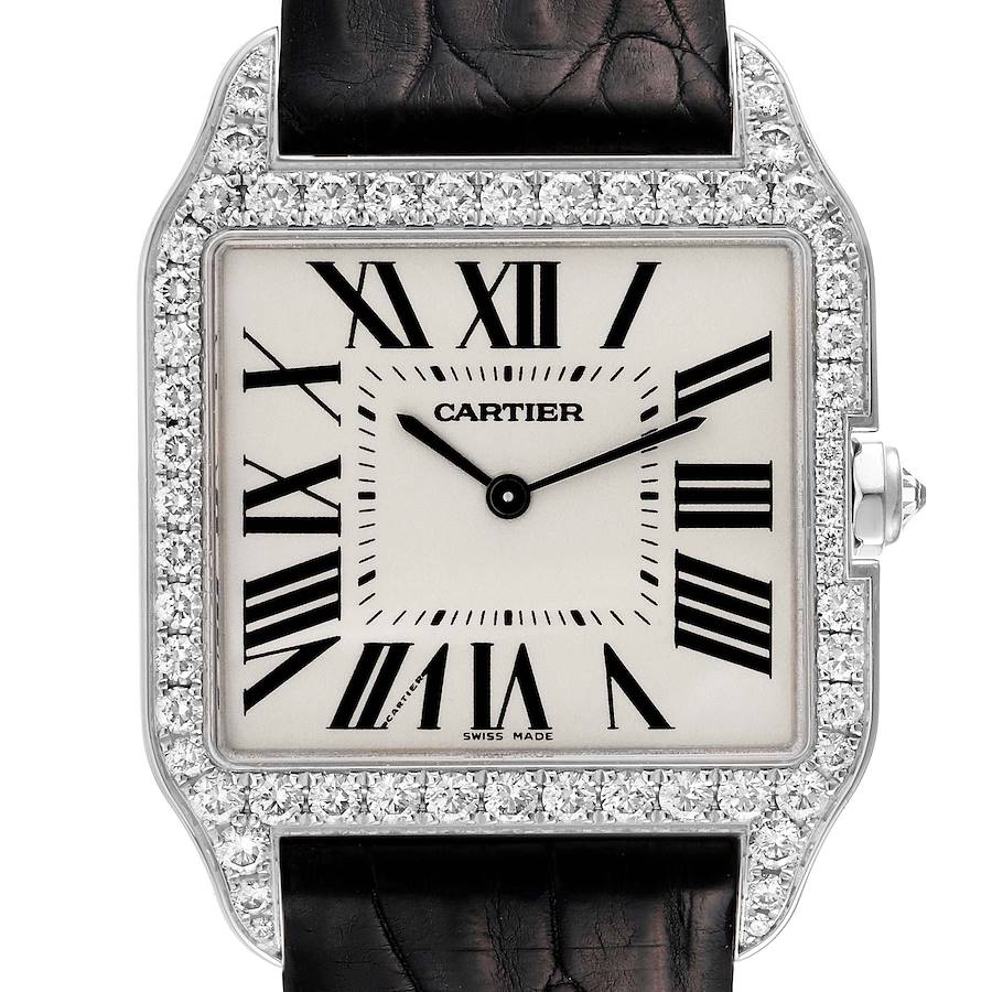 Cartier Santos Dumont 18k White Gold Silver Dial Mens Diamond Watch WH100651 SwissWatchExpo