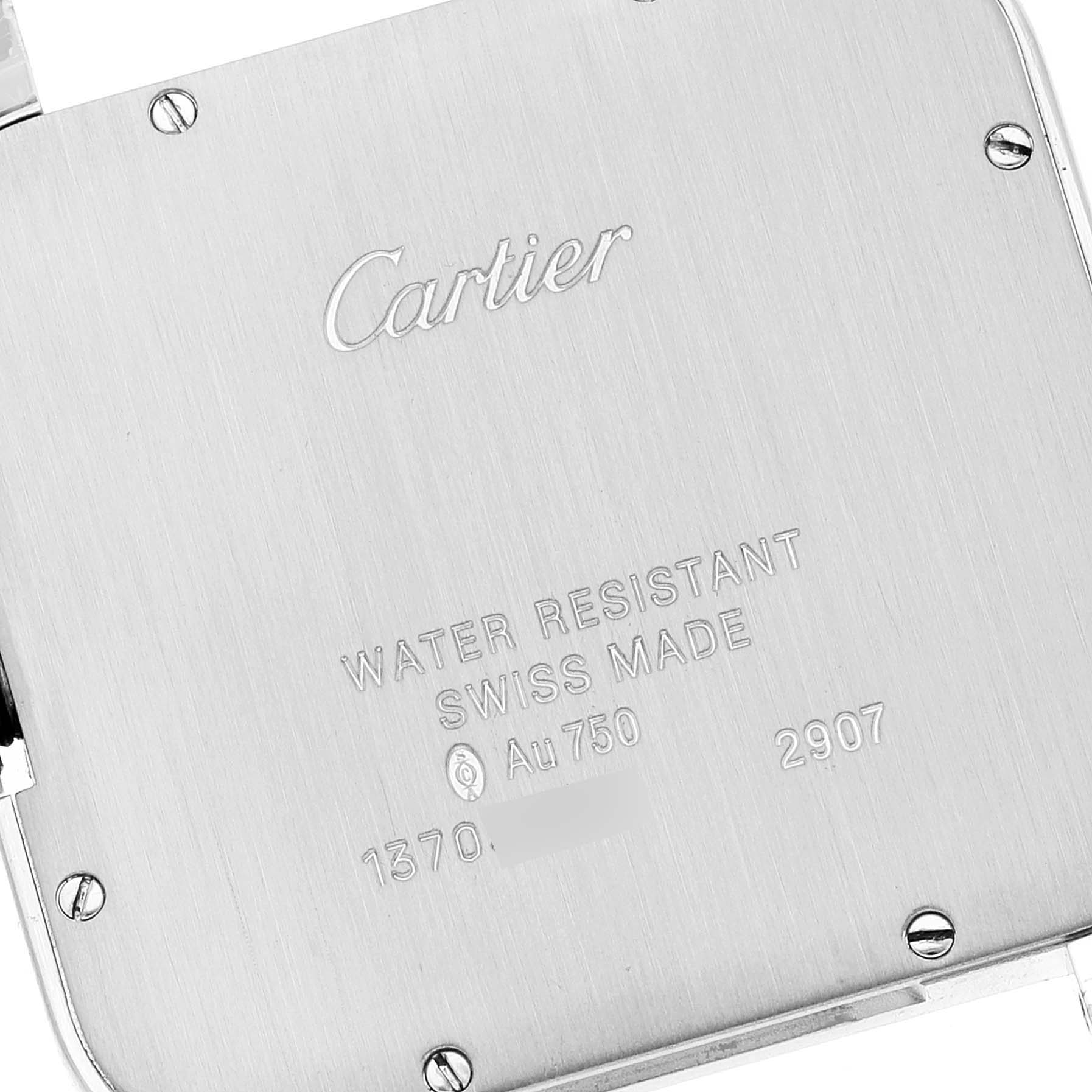 This image shows the back case of the Santos Dumont model by Cartier, displaying the brand logo and specifications.