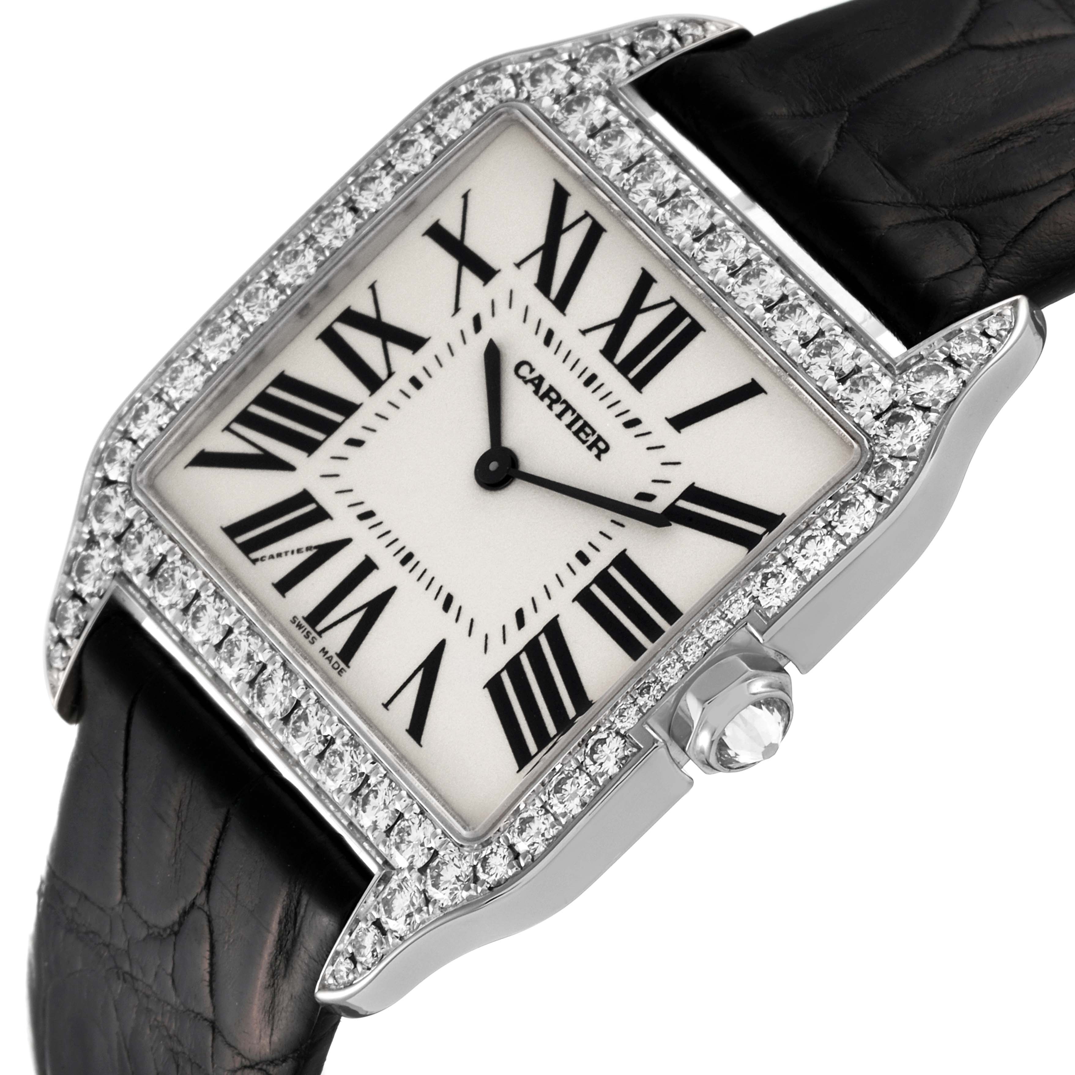 This image shows the face and bezel of a Cartier Santos Dumont WH100651 Men's White Gold Silver Dial WH100651 Men's White Gold Silver Dial watch, viewed from an angled top perspective.