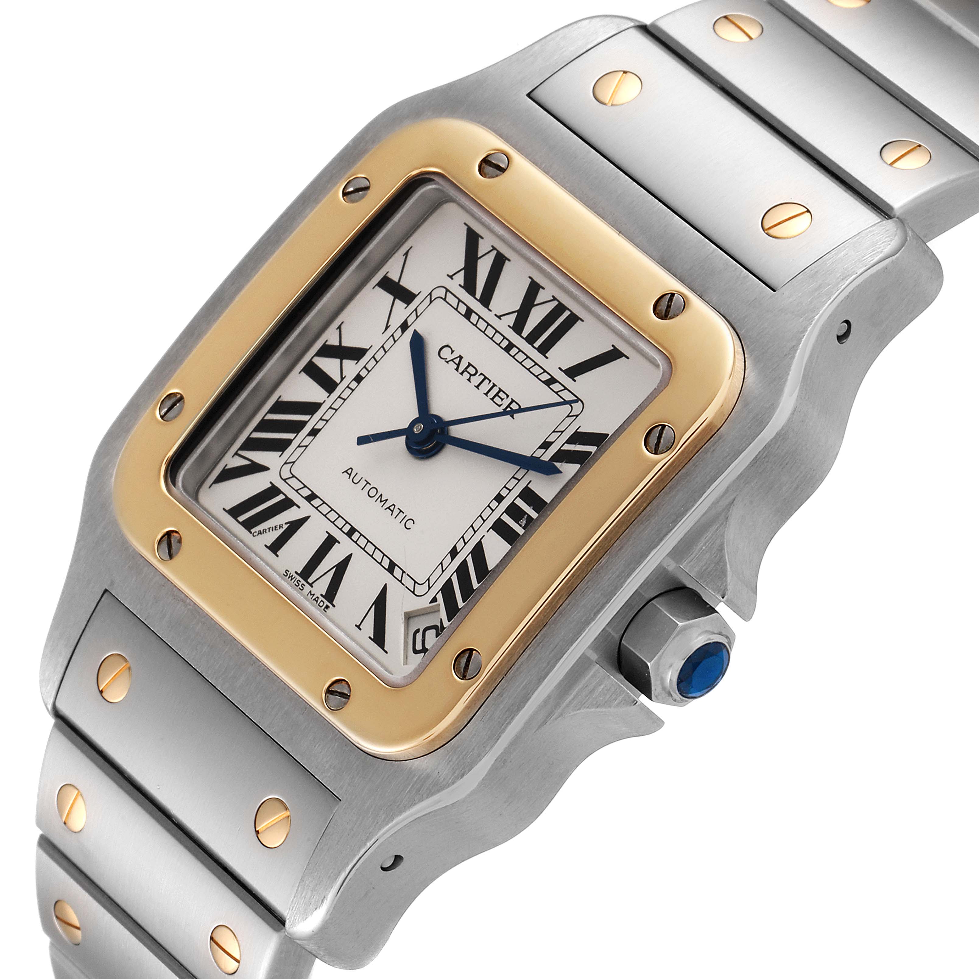 The image shows a close-up of the Cartier Santos W20099C4 Men's Steel and Gold (two tone) Silver Dial W20099C4 Men's Steel and Gold (two tone) Silver Dial watch, highlighting its face, bezel, and part of the bracelet.