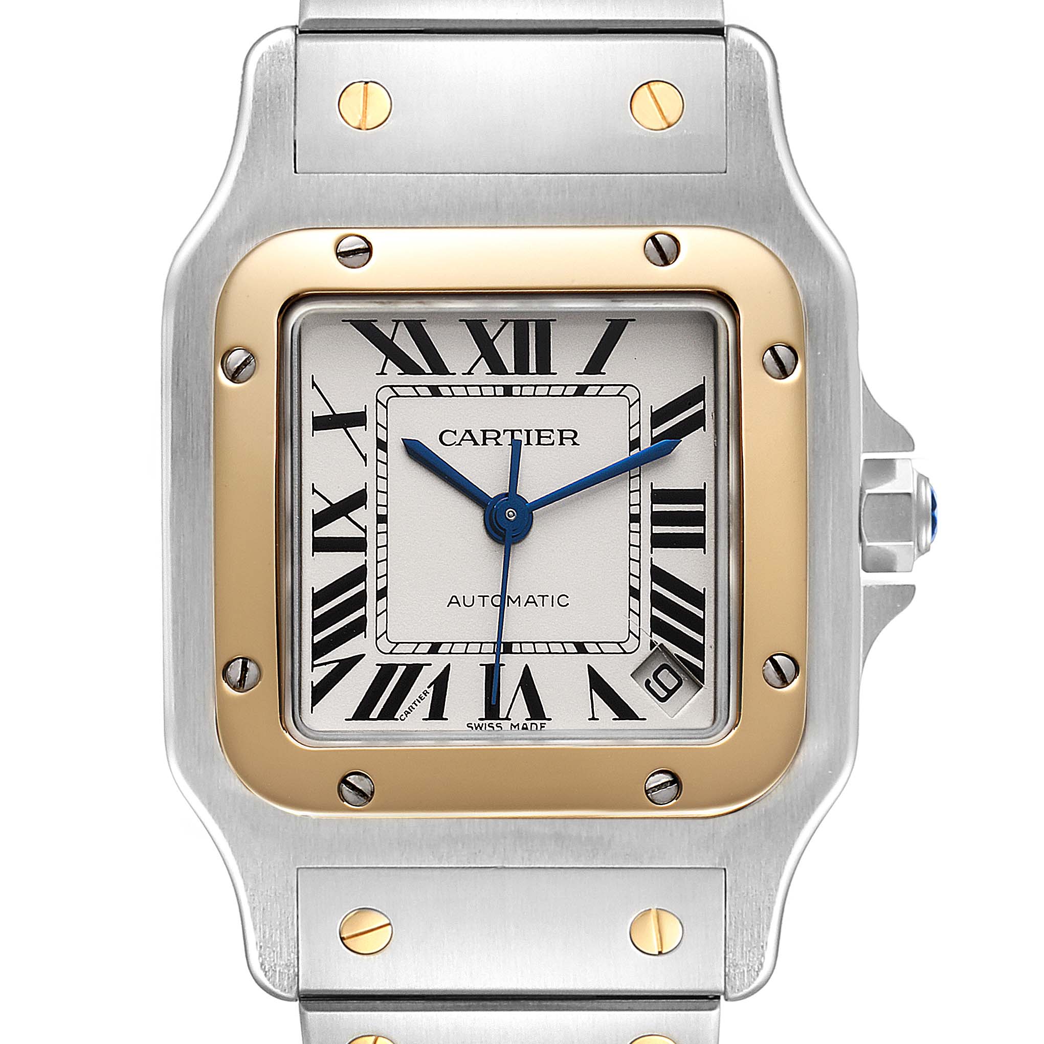 This image shows a close-up of the dial and bezel of a Santos model by Cartier.