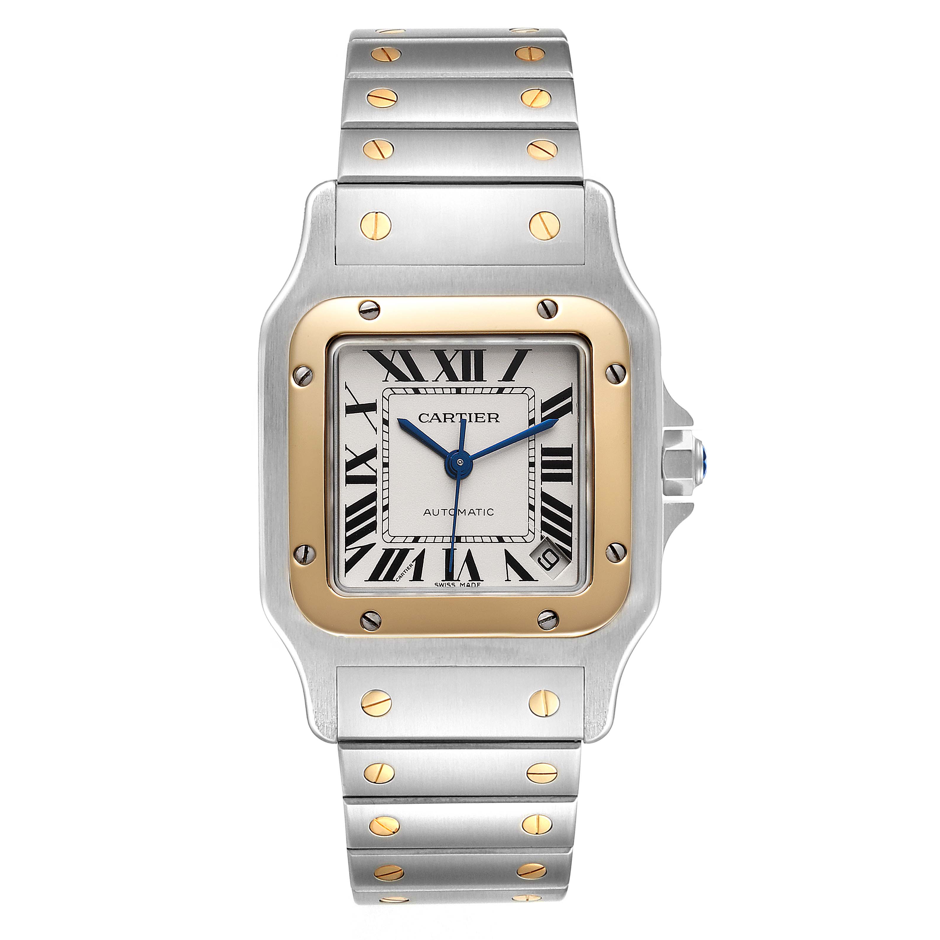 The image shows a frontal view of a Santos model watch by Cartier, highlighting the face, bezel, and bracelet.