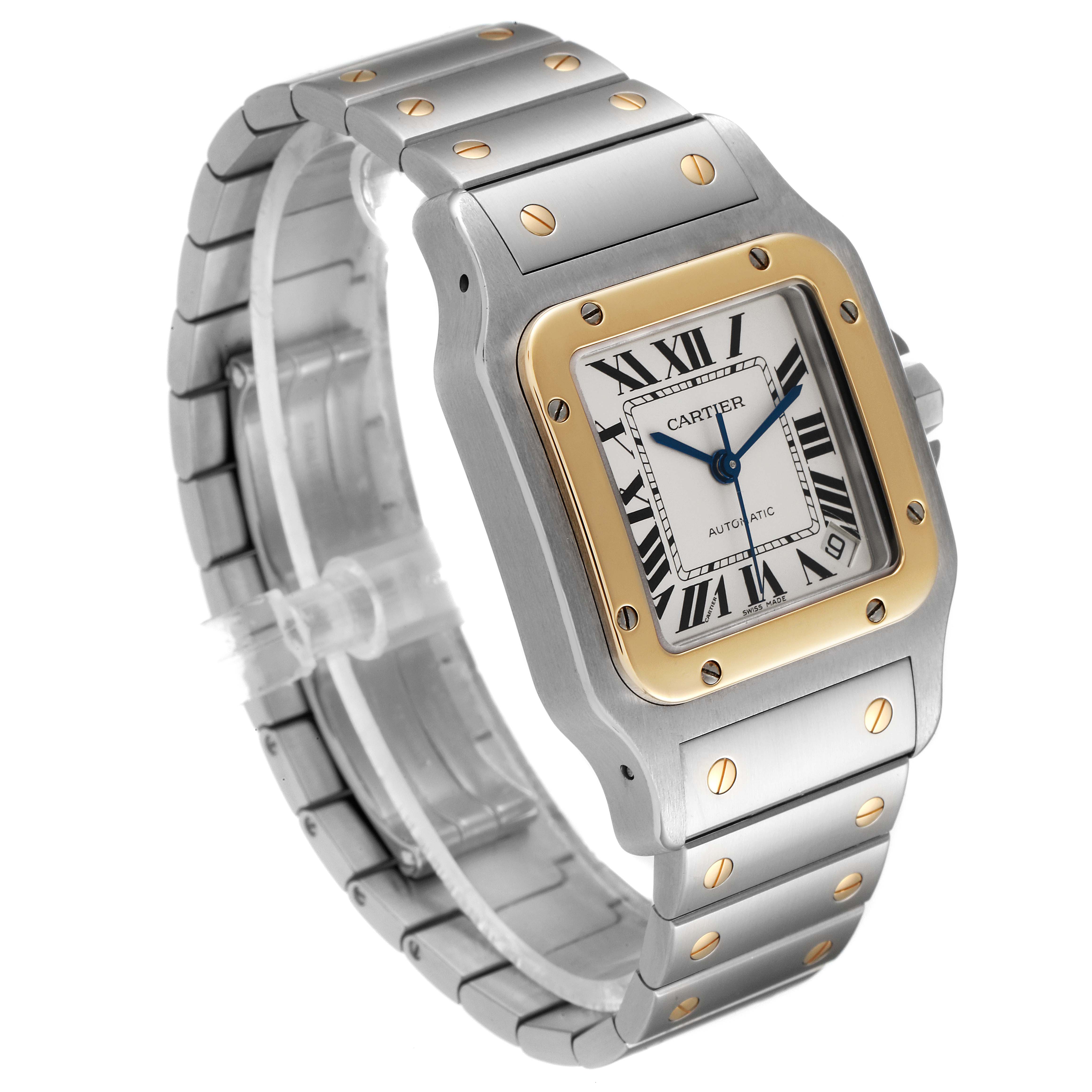 The image shows a Santos model by Cartier from an oblique angle displaying its face, bezel, and bracelet.