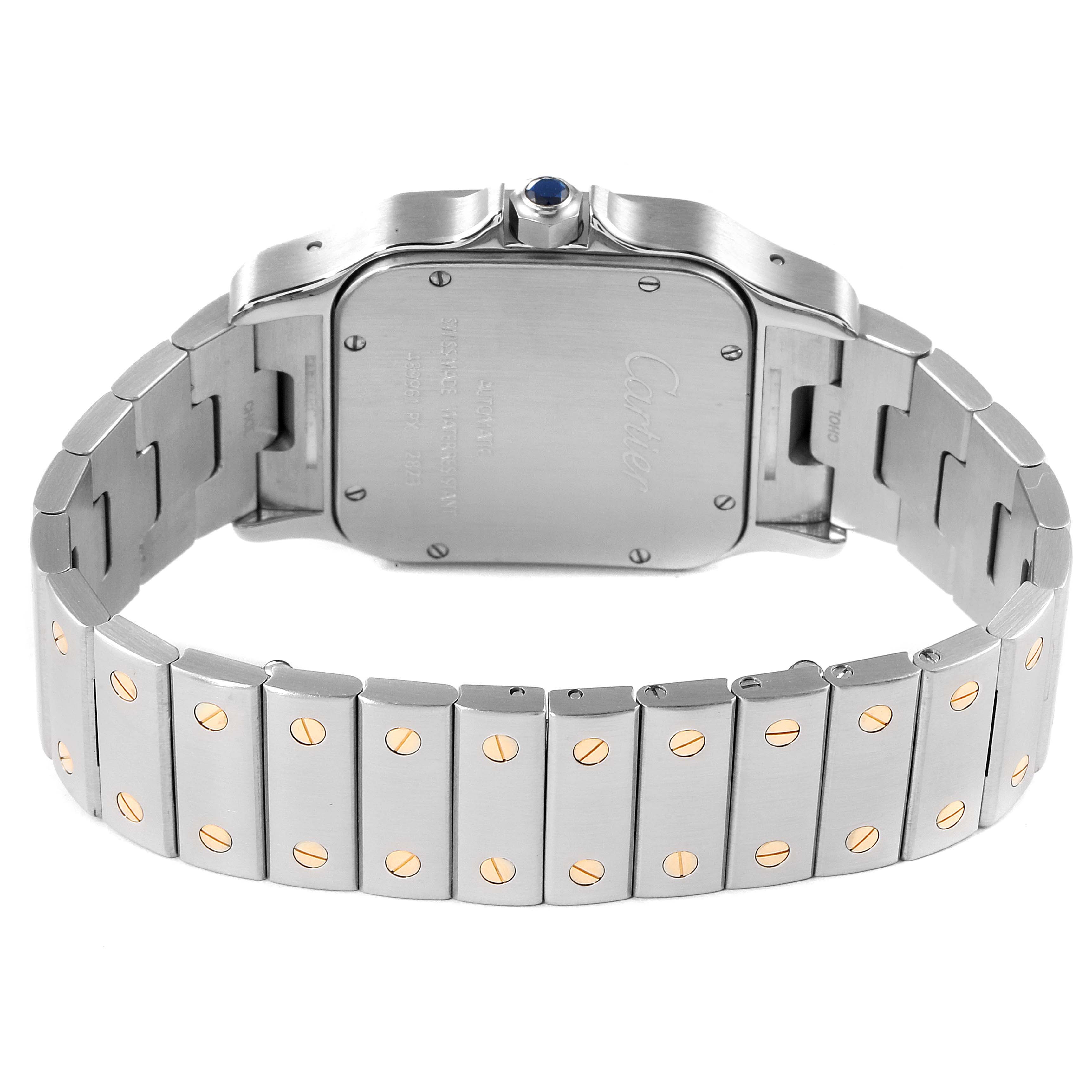 The image shows the back of the Cartier Santos W20099C4 Men's Steel and Gold (two tone) Silver Dial W20099C4 Men's Steel and Gold (two tone) Silver Dial watch, highlighting the case back and the bracelet with gold screws.
