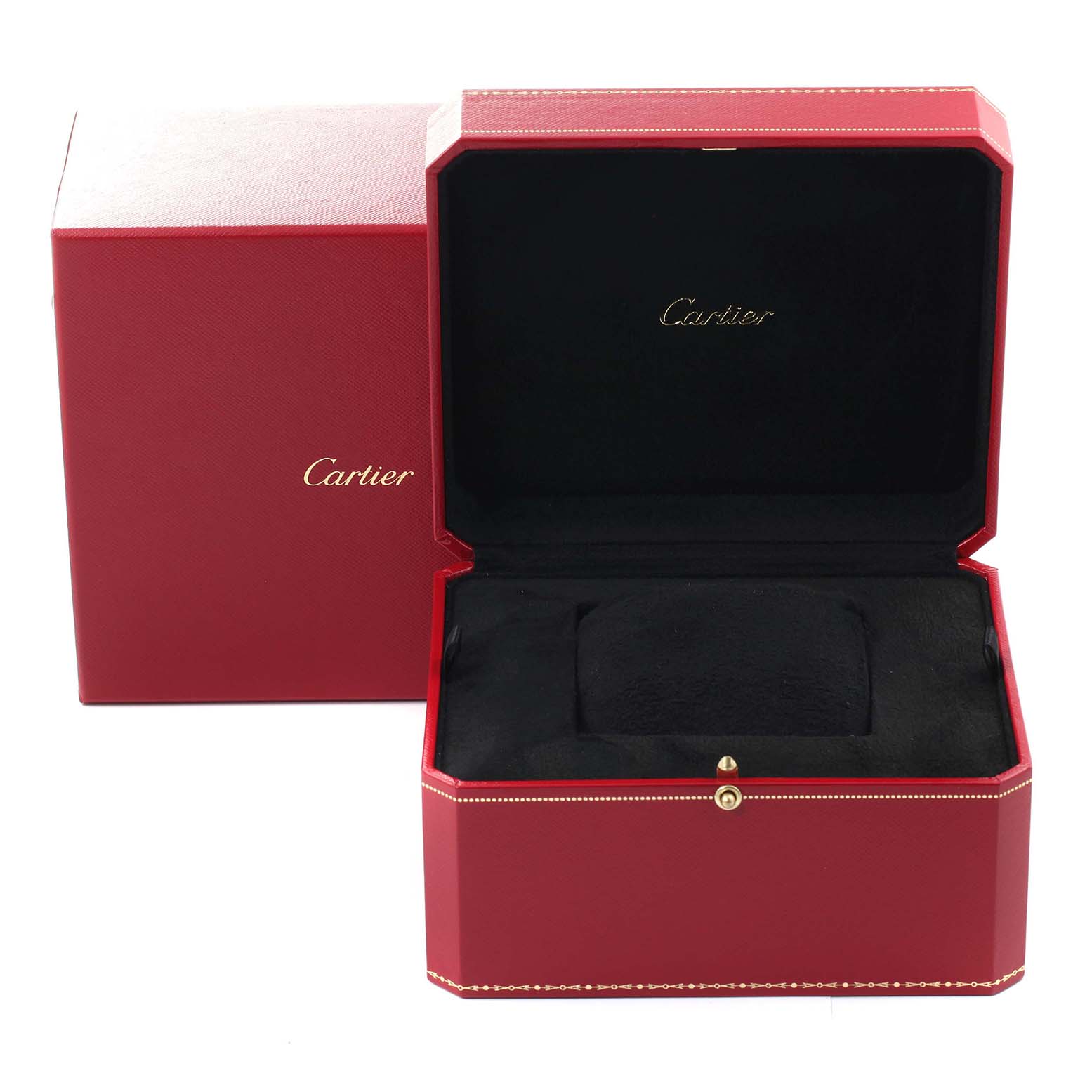 The image shows the open and closed packaging boxes of the Cartier Tank Americaine W2601156 Men
s Yellow Gold Silver Dial W2601156 Men
s Yellow Gold Silver Dial watch.