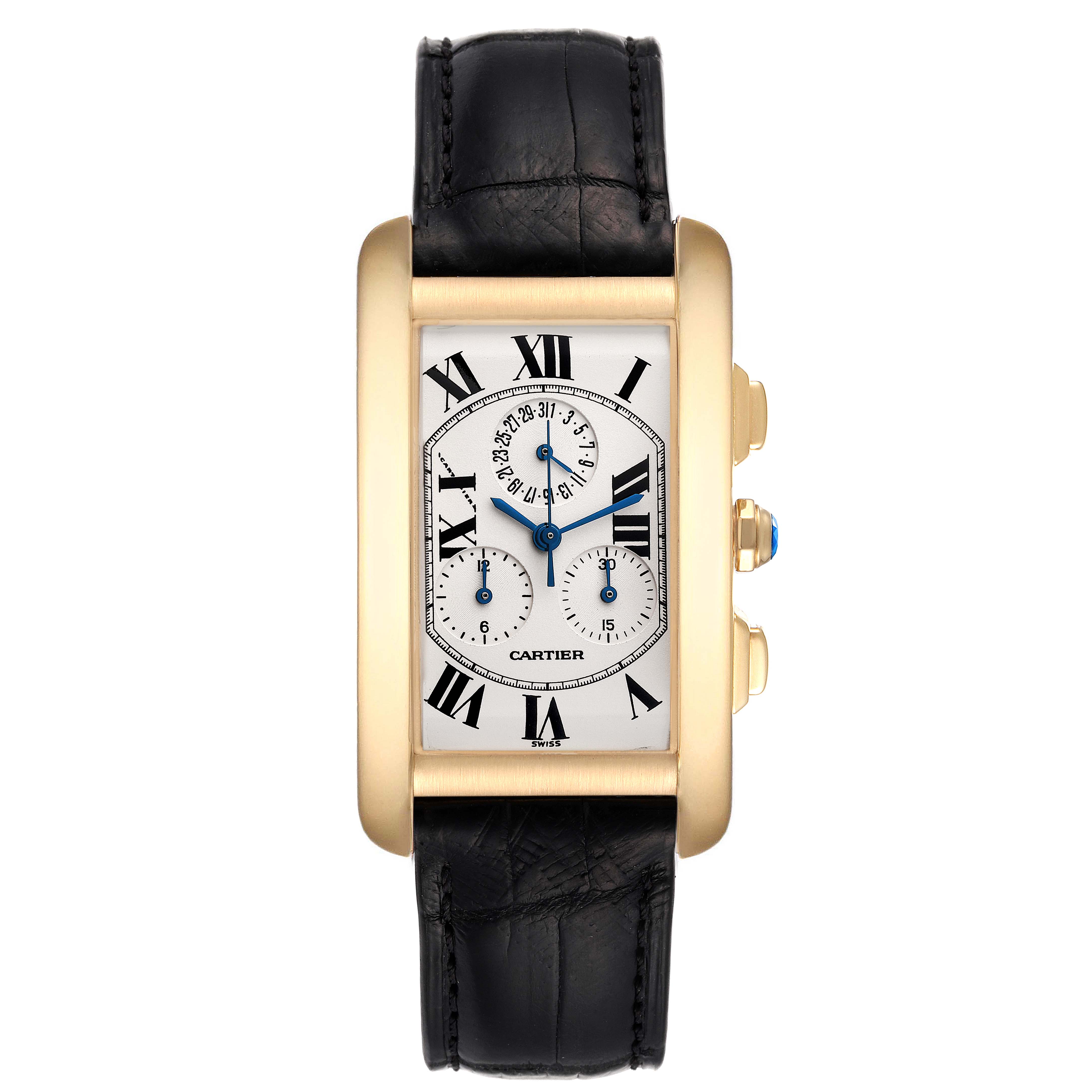 This image shows a frontal view of a Cartier Tank Americaine W2601156 Men
s Yellow Gold Silver Dial W2601156 Men
s Yellow Gold Silver Dial model watch, highlighting the face, strap, and side buttons.