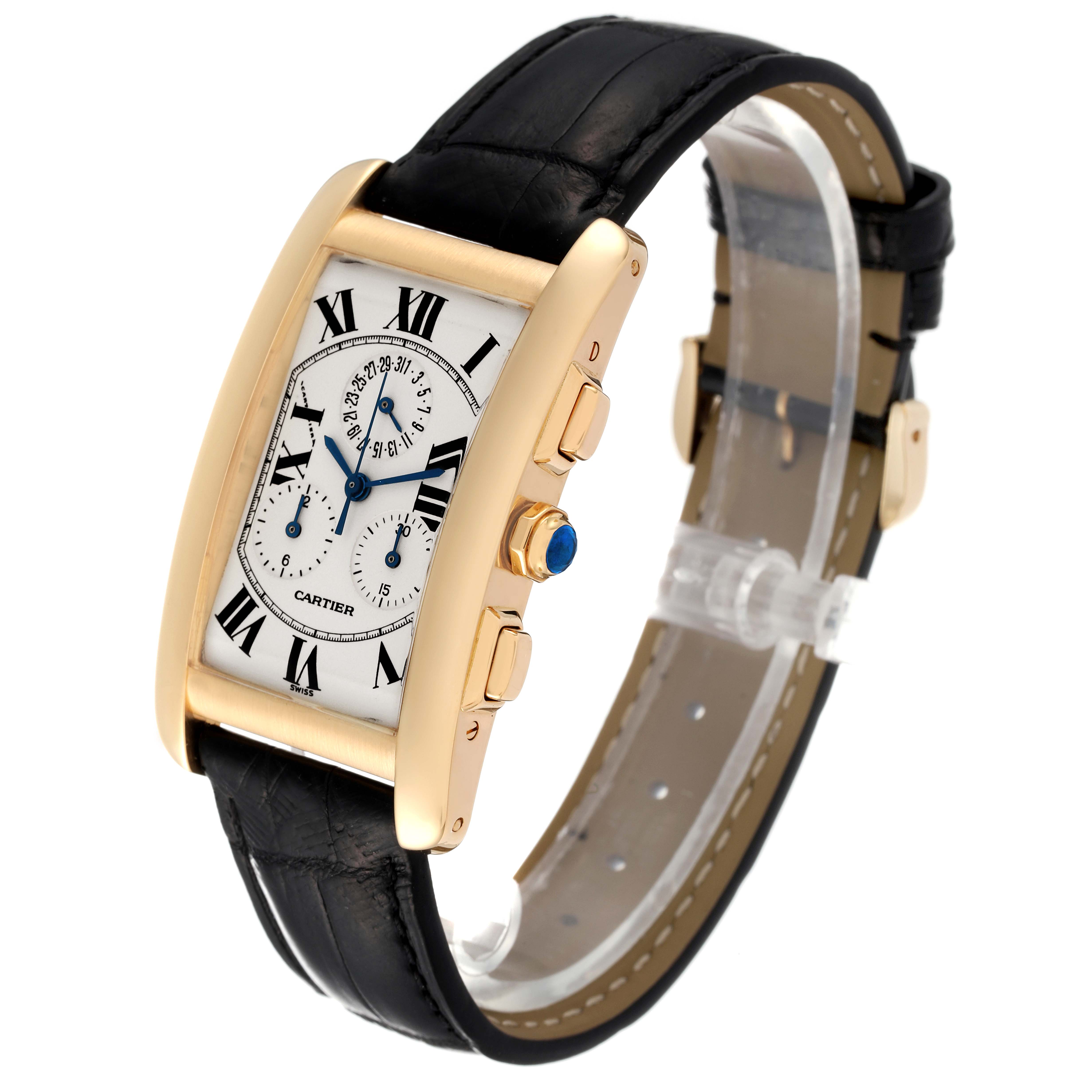The Tank Americaine by Cartier is shown at a side angle, displaying the face, bezel, crown, pushers, and strap.