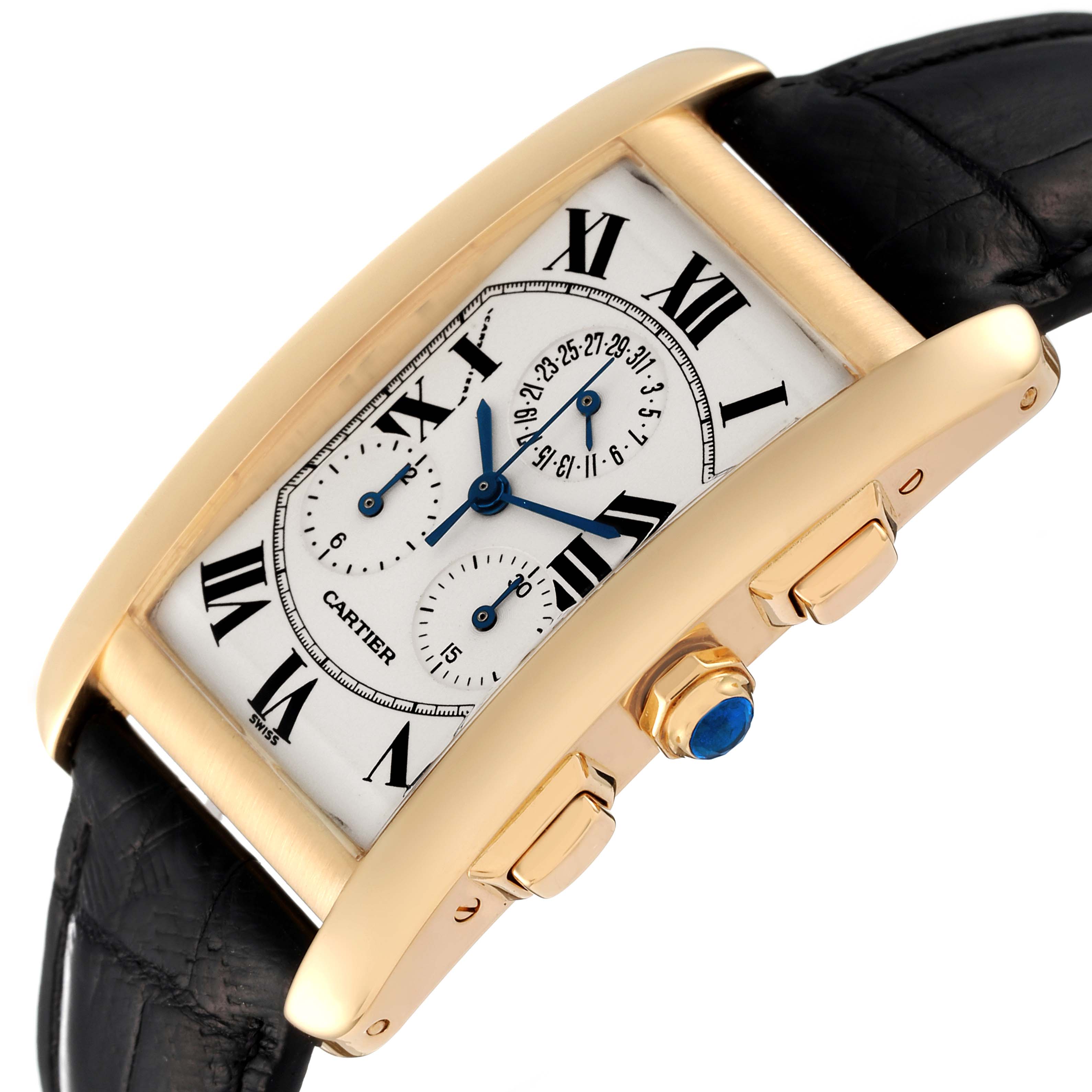 The image shows a side-angle view of the Cartier Tank Americaine W2601156 Men
s Yellow Gold Silver Dial W2601156 Men
s Yellow Gold Silver Dial model, highlighting its face, crown, and leather strap.