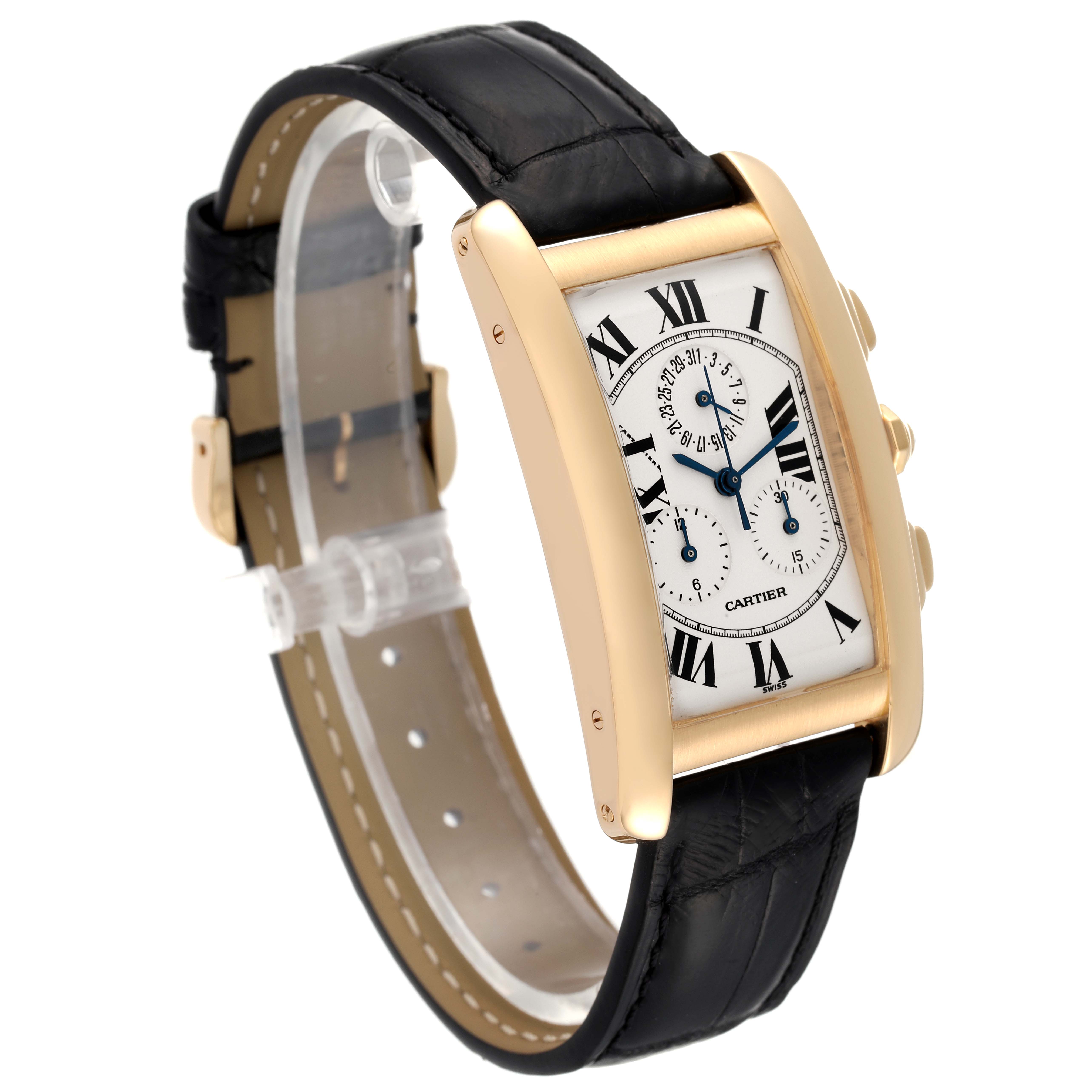 The image shows a Cartier Tank Americaine W2601156 Men
s Yellow Gold Silver Dial W2601156 Men
s Yellow Gold Silver Dial watch at a slight angle, highlighting its rectangular face, numerals, and leather strap.