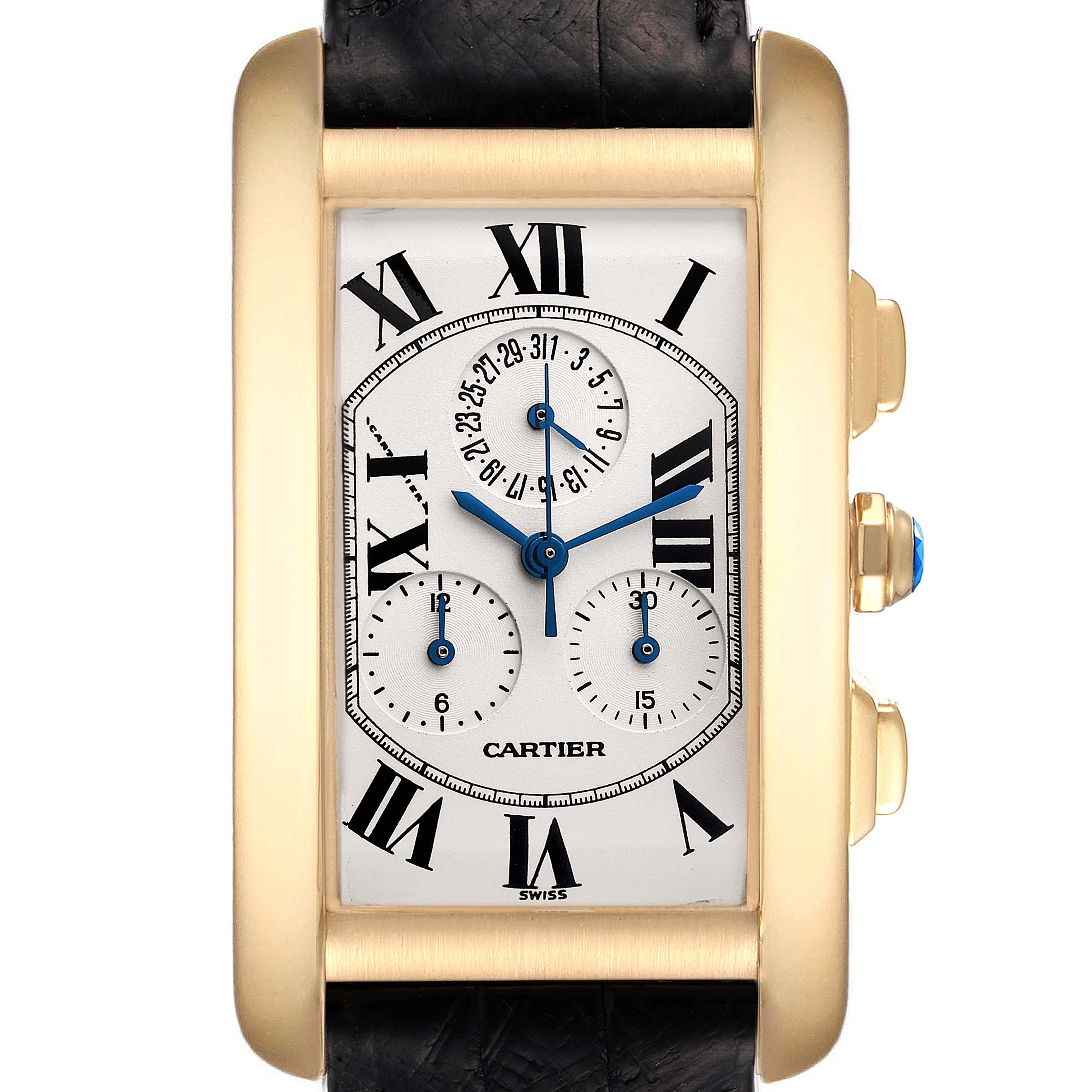 The image shows a front view of the Cartier Tank Americaine W2601156 Men
s Yellow Gold Silver Dial W2601156 Men
s Yellow Gold Silver Dial watch, highlighting the rectangular dial, Roman numerals, and subdials.
