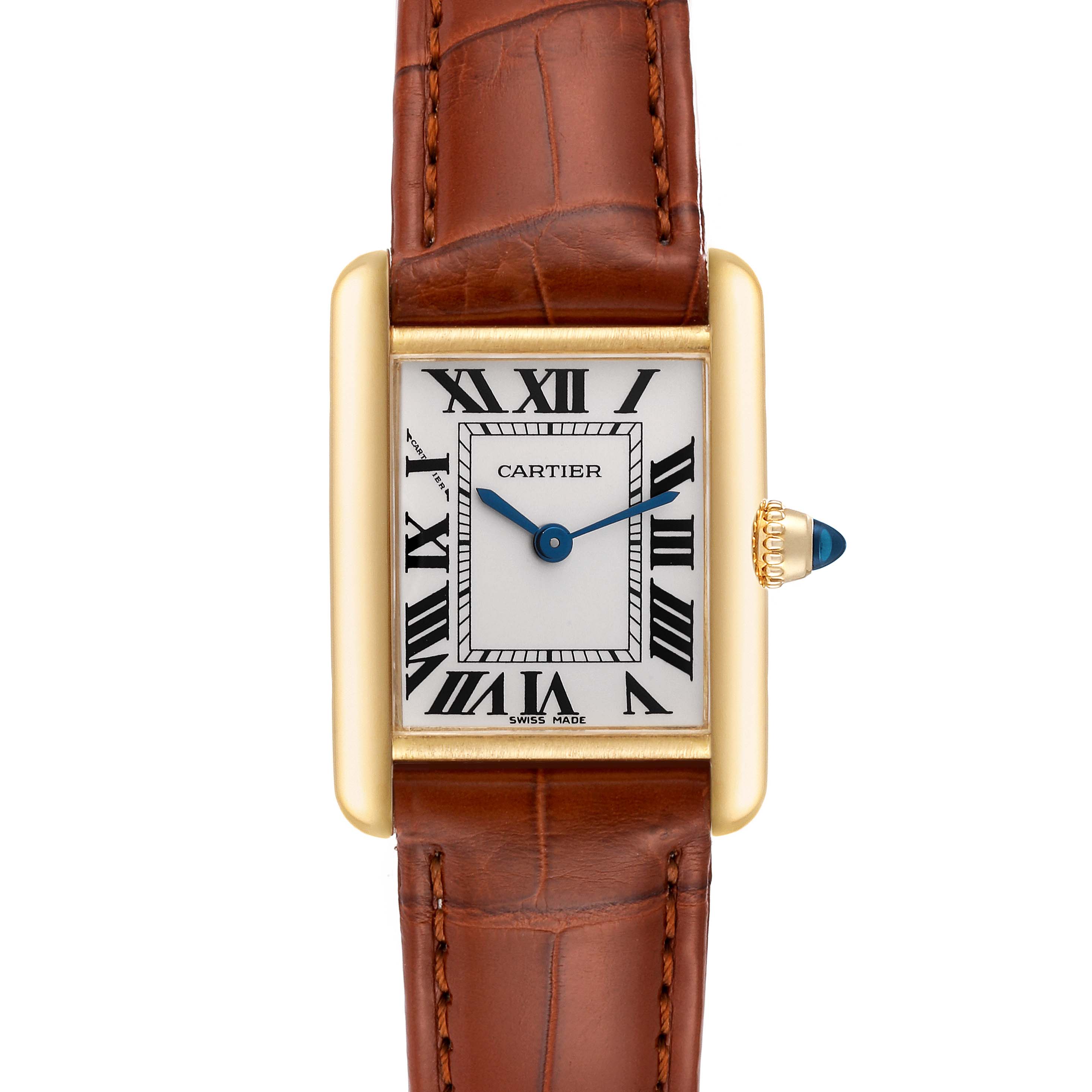 This image shows a Cartier Tank Louis W1529856 Women
s Yellow Gold Silver Dial W1529856 Women
s Yellow Gold Silver Dial watch from a straight-on angle, highlighting the face, bezel, crown, and strap.