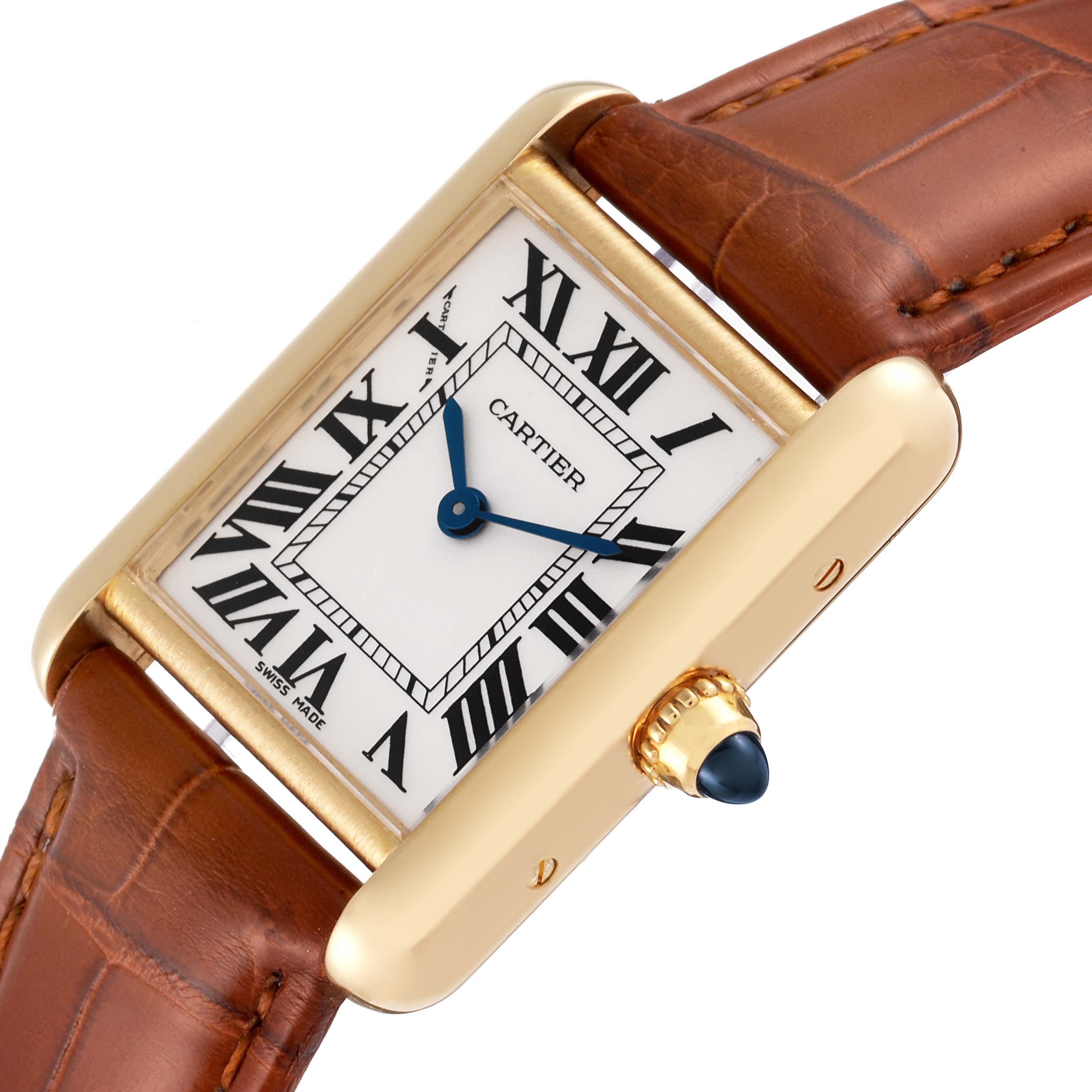 The image shows a tilted angle of the Cartier Tank Louis W1529856 Women
s Yellow Gold Silver Dial W1529856 Women
s Yellow Gold Silver Dial model, highlighting its face, crown, and leather strap.