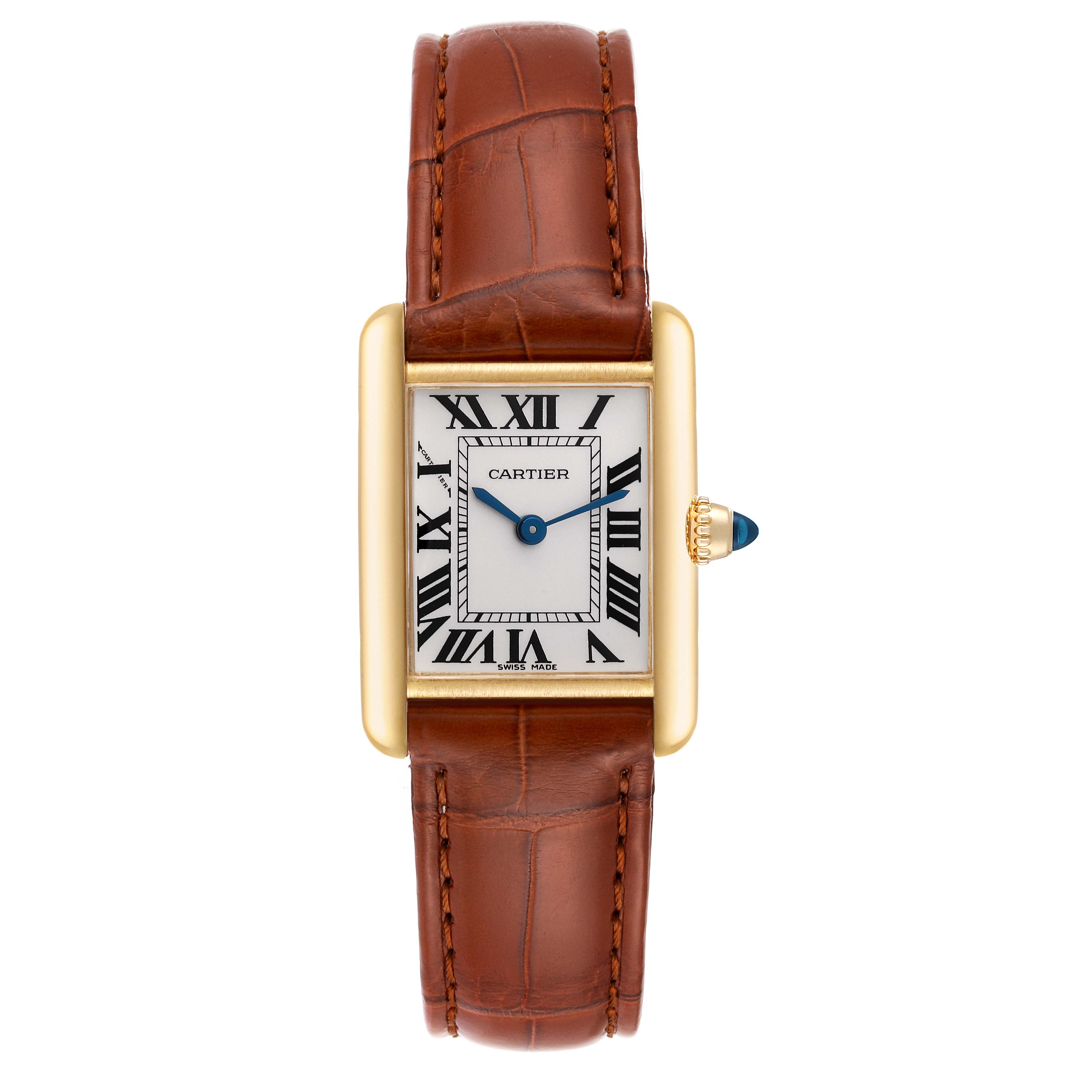 This image shows a top view of the Cartier Tank Louis W1529856 Women
s Yellow Gold Silver Dial W1529856 Women
s Yellow Gold Silver Dial watch, highlighting its rectangular dial, brown leather strap, and gold case.
