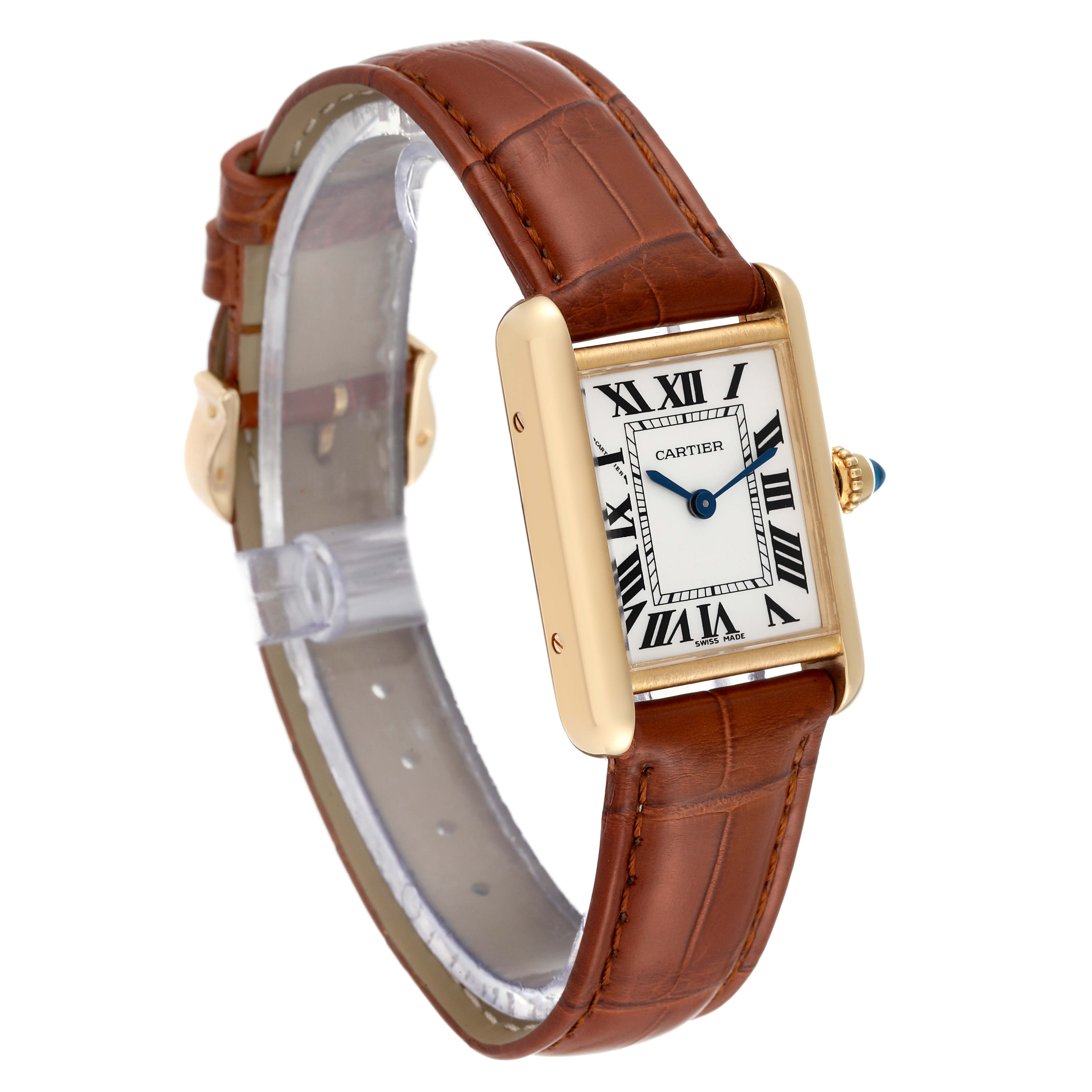 This image shows a Cartier Tank Louis W1529856 Women
s Yellow Gold Silver Dial W1529856 Women
s Yellow Gold Silver Dial watch angled slightly to the left, displaying its Roman numeral dial, gold case, and brown leather strap.