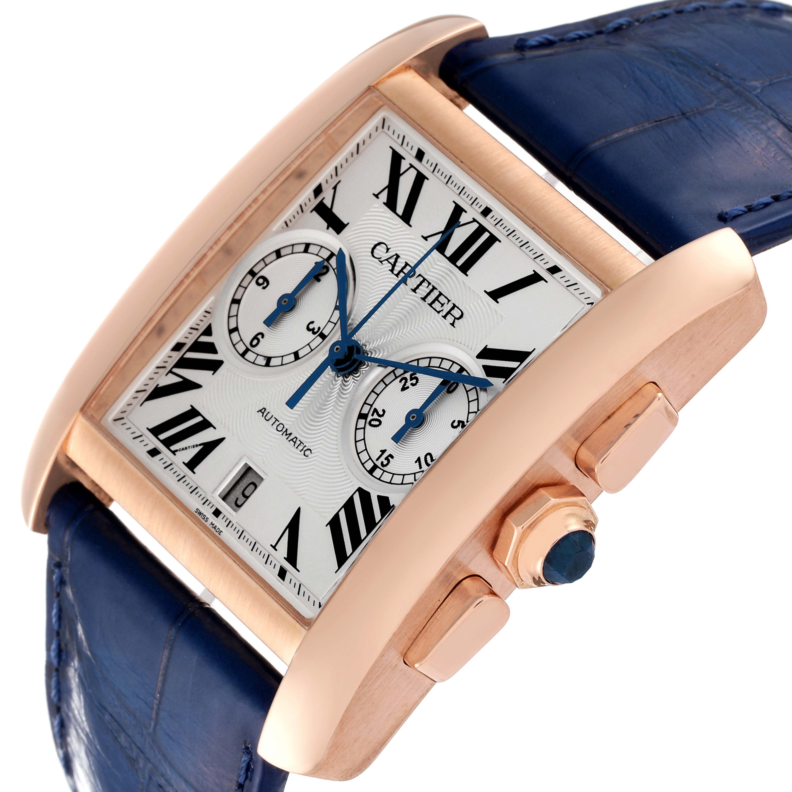 The image shows a Cartier Tank MC W5330005 Men's Rose Gold Silver Dial W5330005 Men's Rose Gold Silver Dial watch at an angle highlighting the face, crown, and part of the blue leather strap.