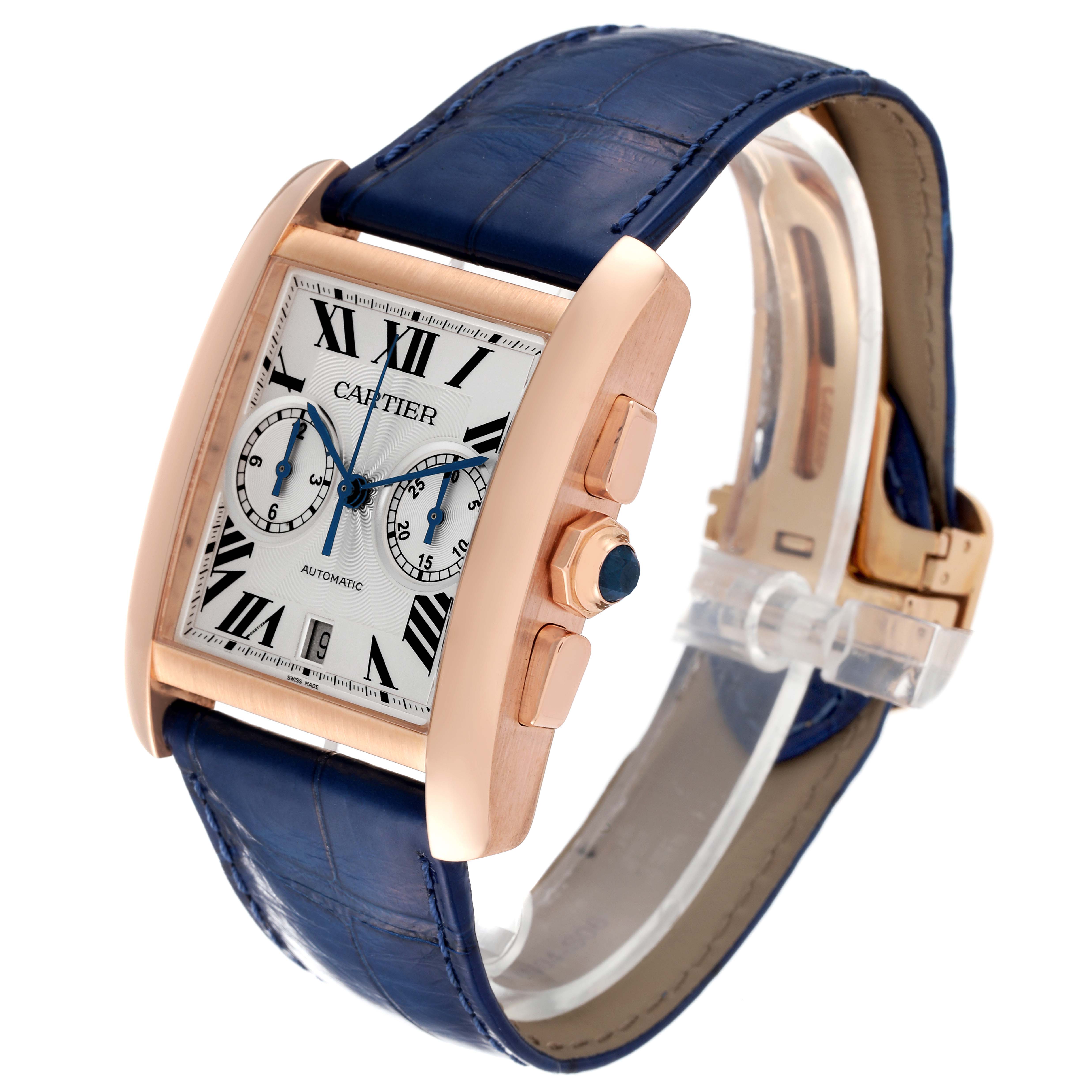 The image shows a Cartier Tank MC W5330005 Men's Rose Gold Silver Dial W5330005 Men's Rose Gold Silver Dial watch at a three-quarter angle, highlighting its blue strap, rectangular dial, and side buttons.