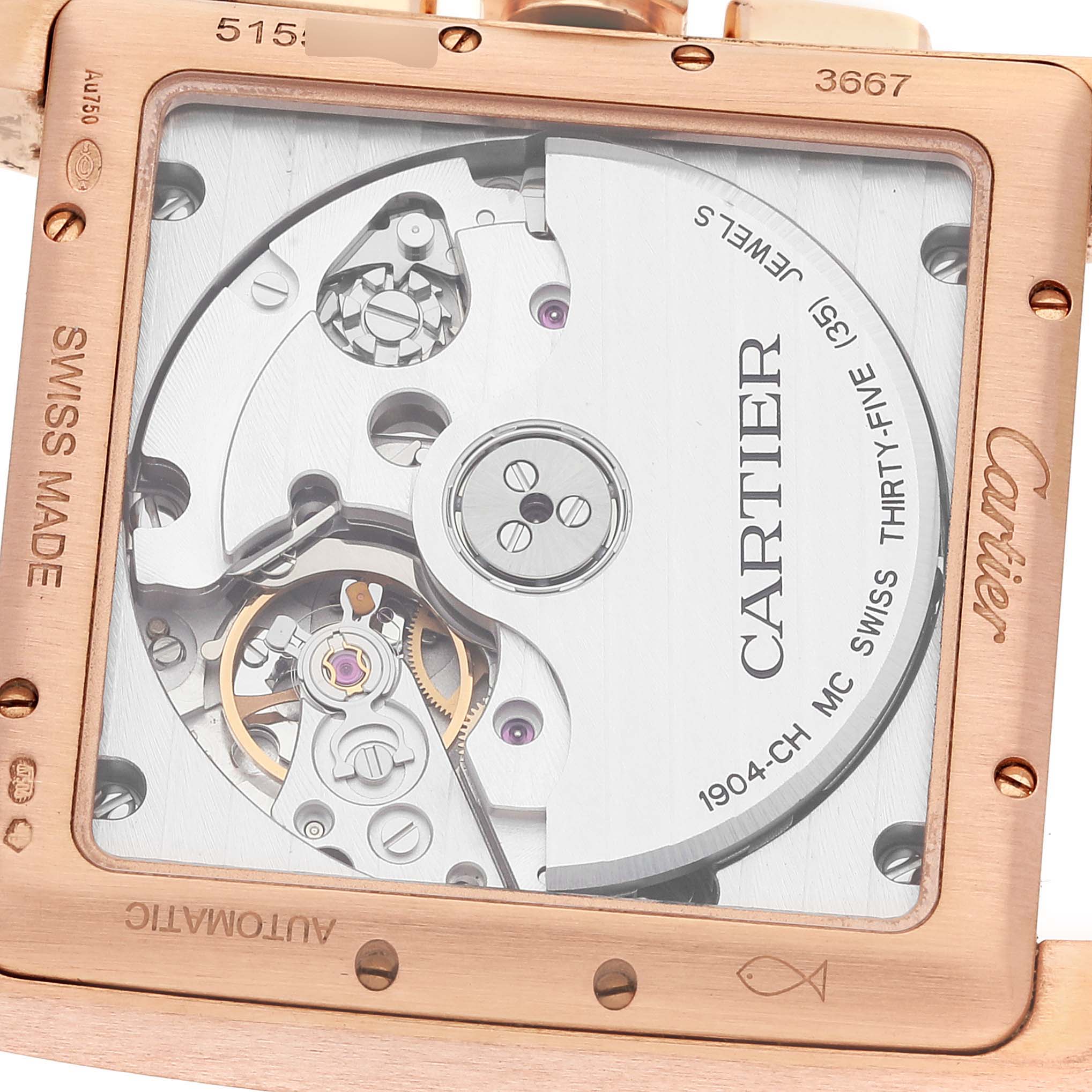 This image shows the transparent case back revealing the movement of the Cartier Tank MC W5330005 Men's Rose Gold Silver Dial W5330005 Men's Rose Gold Silver Dial watch.