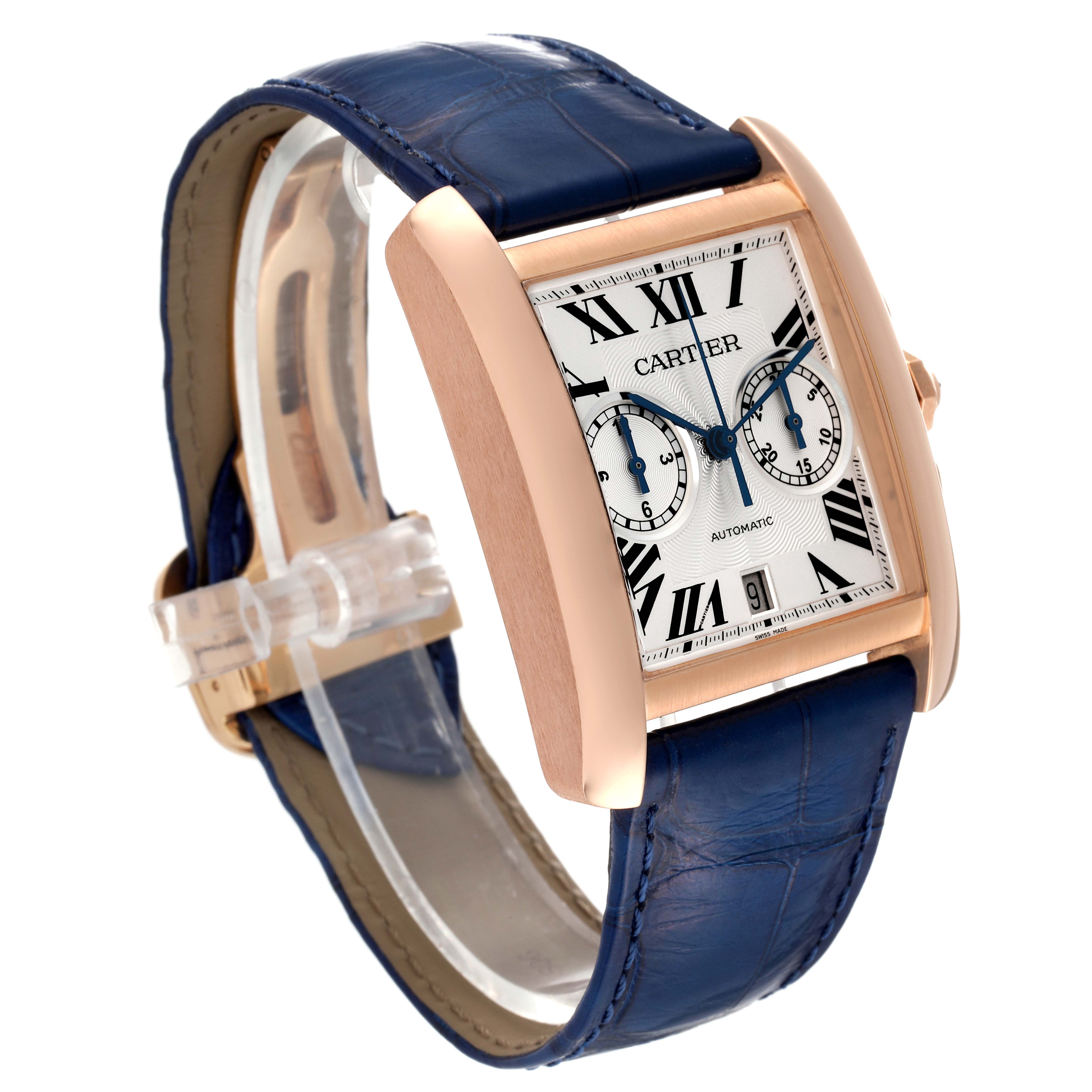This image shows a Cartier Tank MC W5330005 Men's Rose Gold Silver Dial W5330005 Men's Rose Gold Silver Dial watch at a three-quarter angle, highlighting the face, strap, and case details.