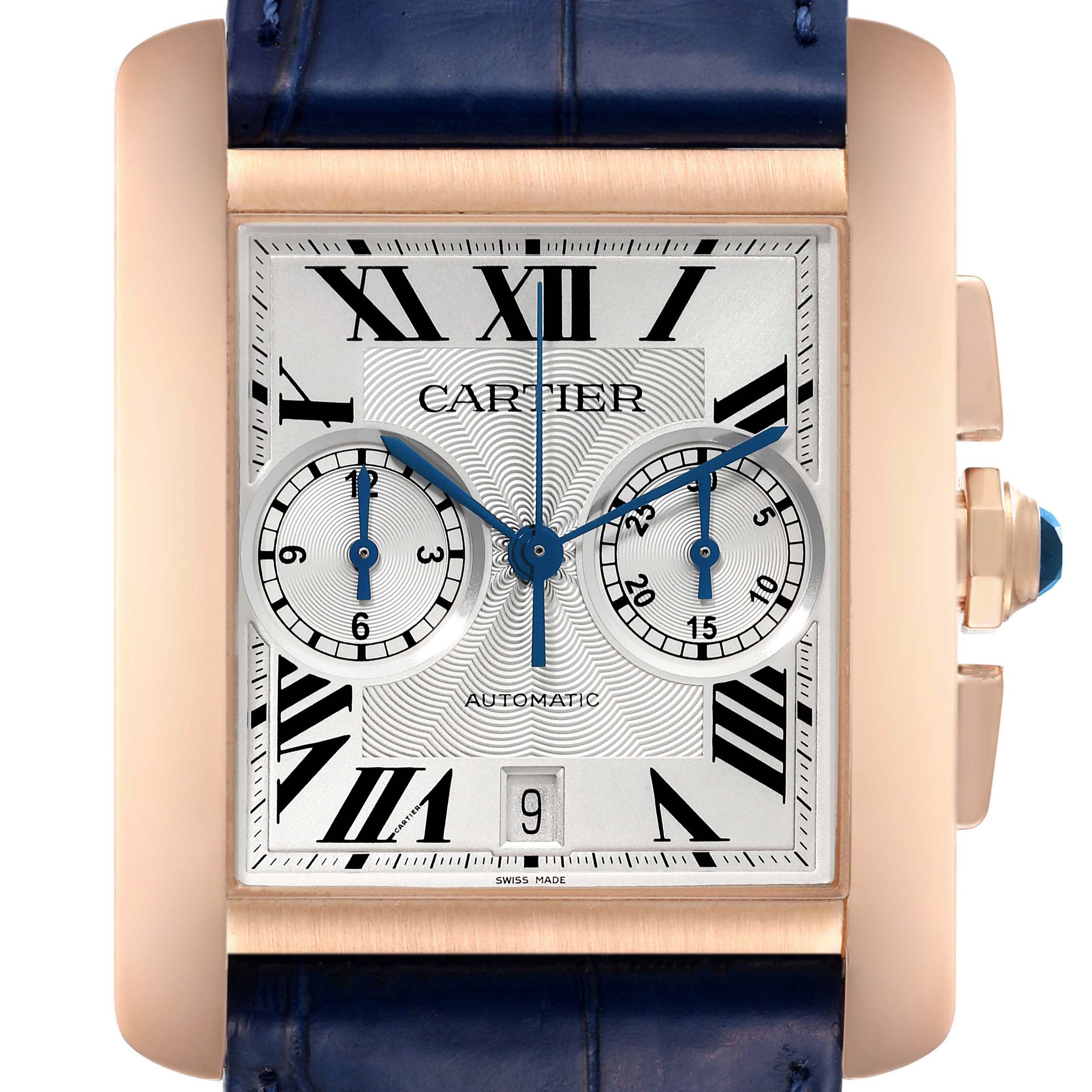 The image shows a frontal view of a Cartier Tank MC W5330005 Men's Rose Gold Silver Dial W5330005 Men's Rose Gold Silver Dial watch, highlighting the dial, subdials, and crown with a strap.