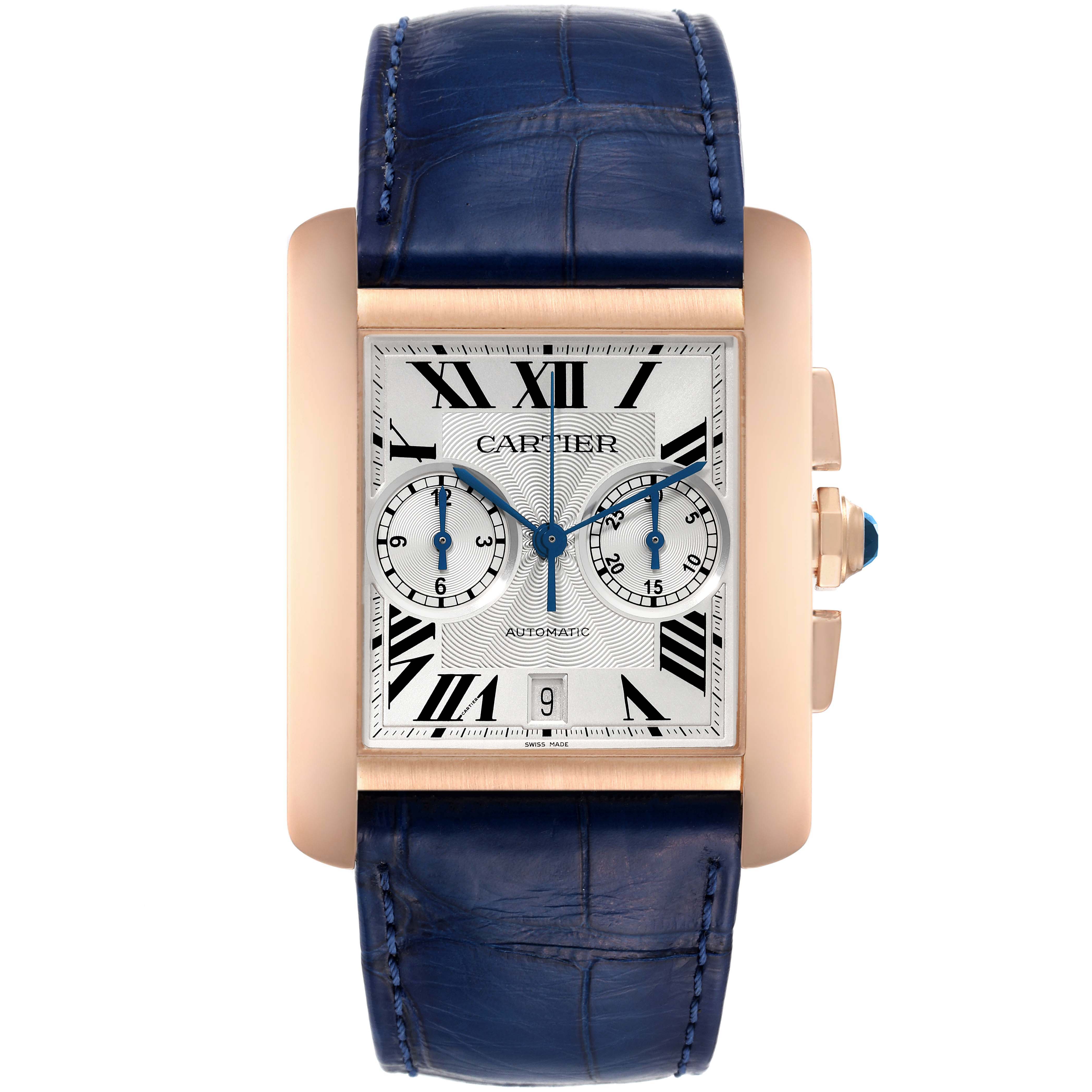 The Cartier Tank MC W5330005 Men's Rose Gold Silver Dial W5330005 Men's Rose Gold Silver Dial watch is shown from a front angle, displaying the face, case, and leather strap.