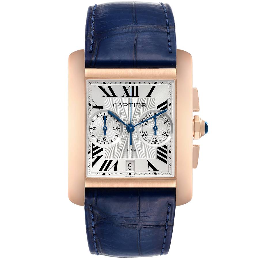 Cartier Tank MC Rose Gold Silver Dial Blue Strap Mens Watch